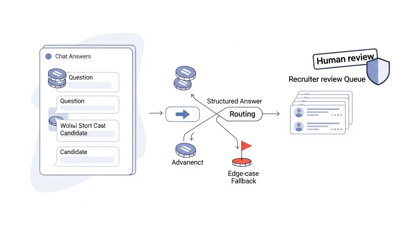 Illustration: chatbot screening as a conversational intake flow collecting candidate answers through a chat interface and routing results to a recruiter queue