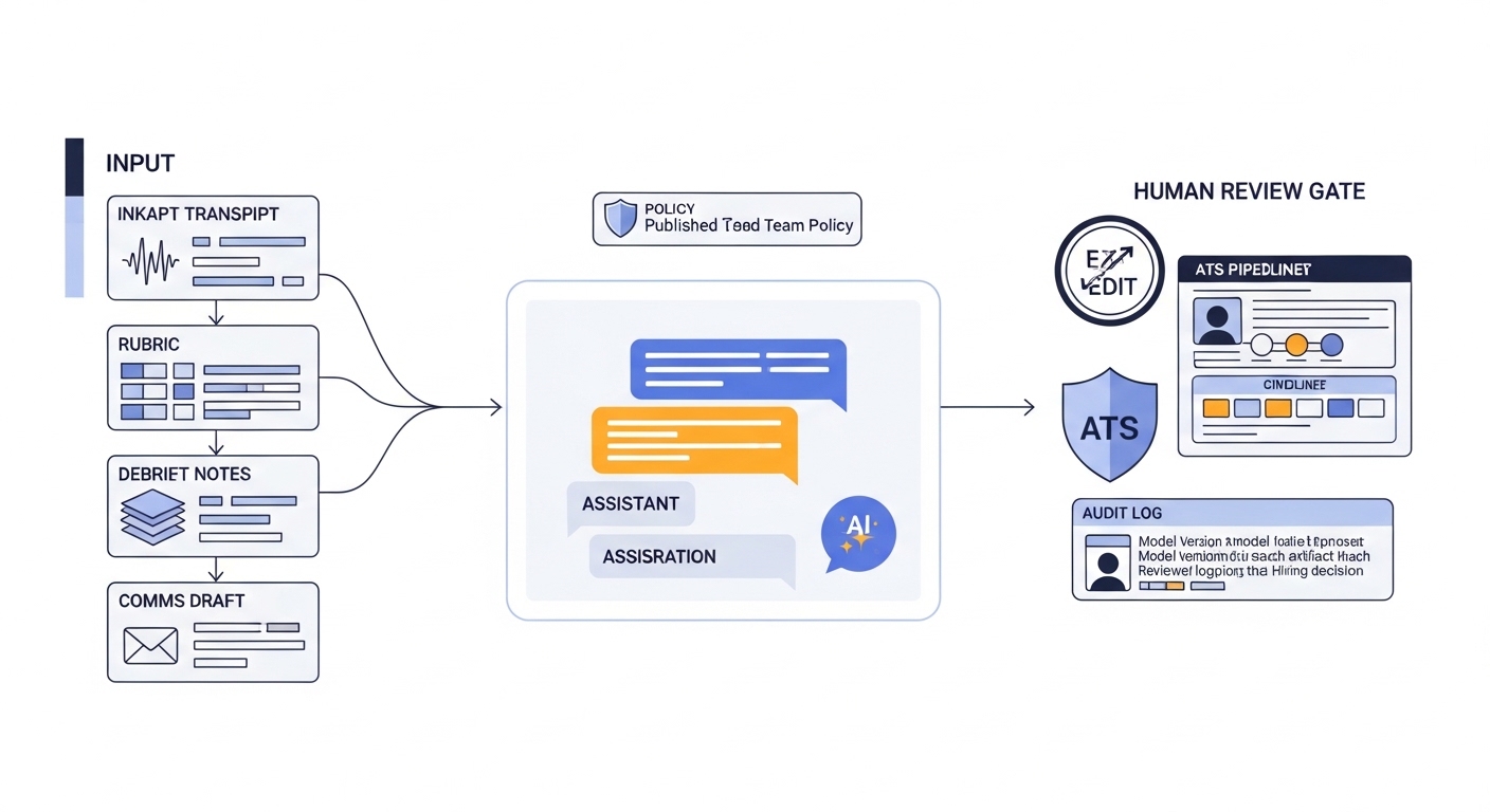 Illustration: hiring lifecycle as a horizontal flow showing intake notes, rubric and interview bank, debrief synthesis, and candidate comms drafts produced by an AI assistant node, each output passing through a human review gate before reaching the ATS record