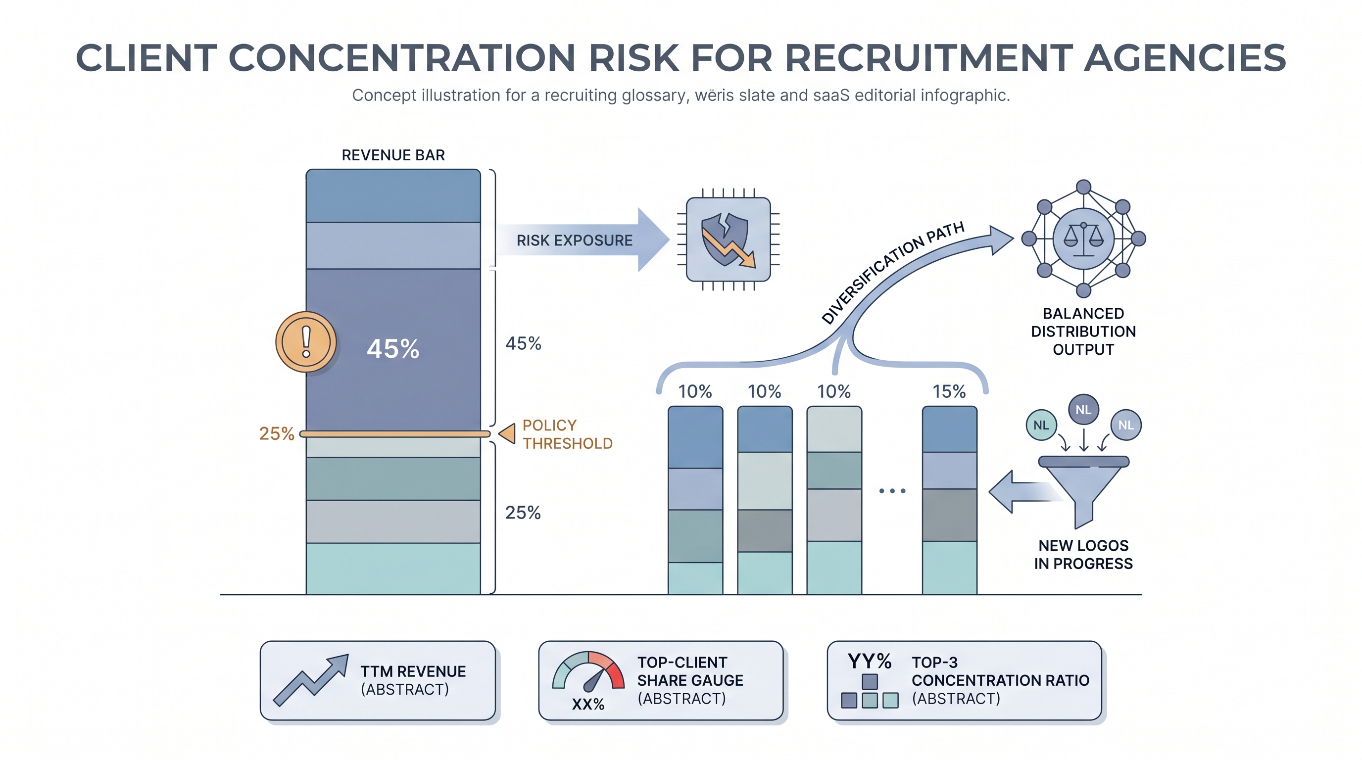 Illustration: client concentration risk for recruitment agencies showing a revenue bar with one oversized client band exceeding a threshold marker, beside a balanced diversification path with evenly distributed client bars and a business development pipeline node