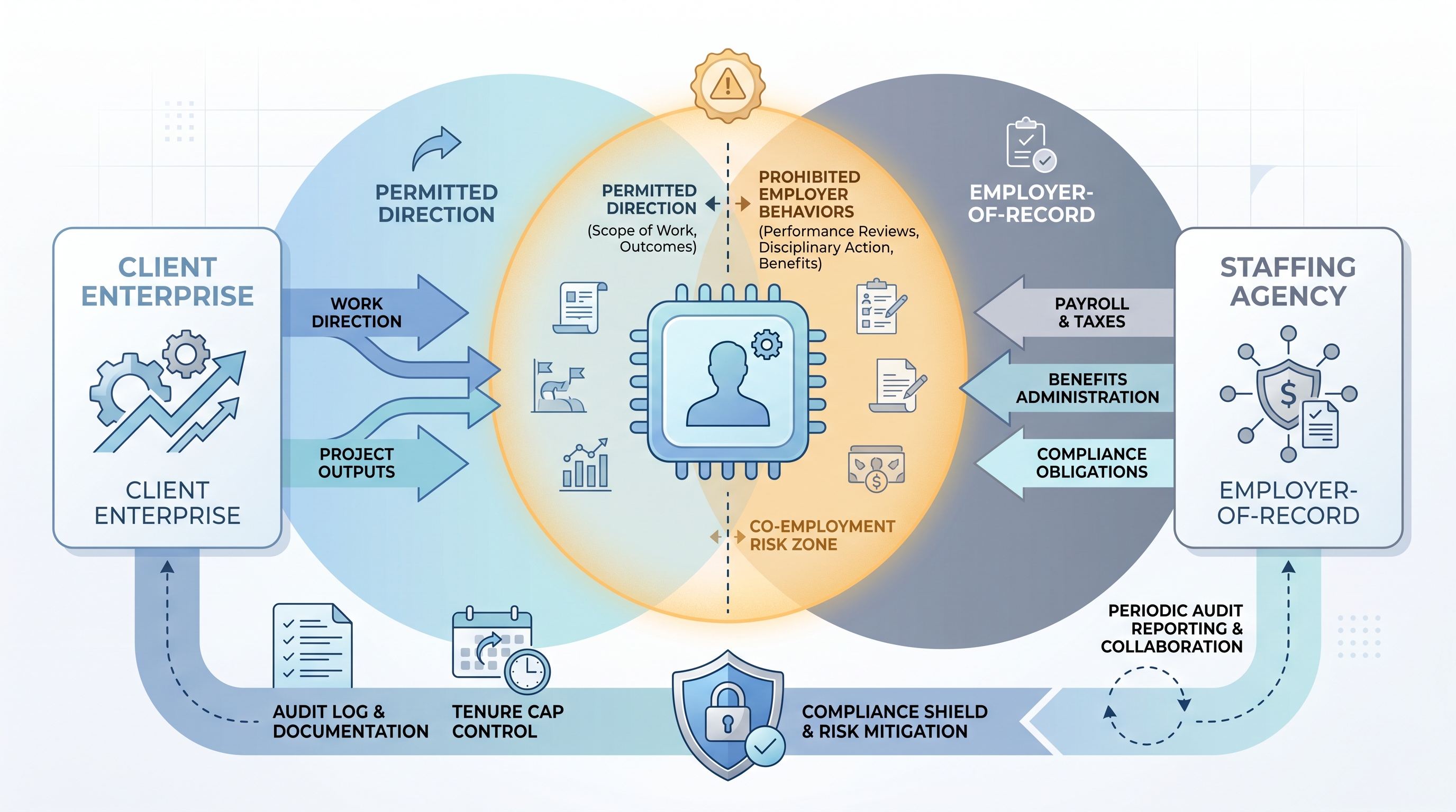 Illustration: co-employment risk in contract staffing showing a client direction zone and an agency employer-of-record zone overlapping at a contractor node, with a co-employment risk band marking the overlap and a compliance shield and tenure calendar chip beneath