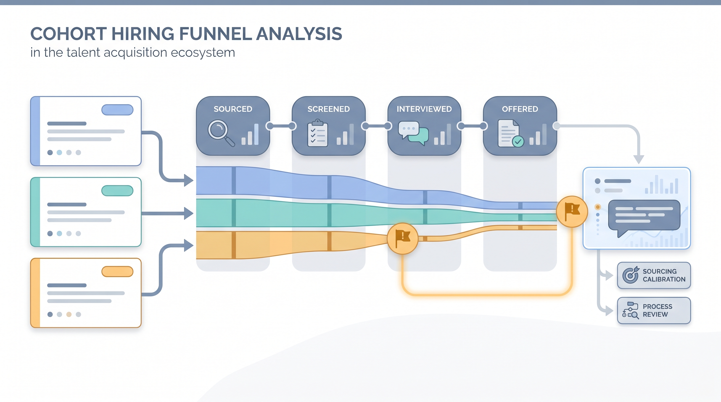 Illustration: cohort hiring funnel analysis showing candidate groups defined by sourcing channel or time period tracked through hiring stages with side-by-side conversion rate bars and an anomaly flag on a diverging cohort