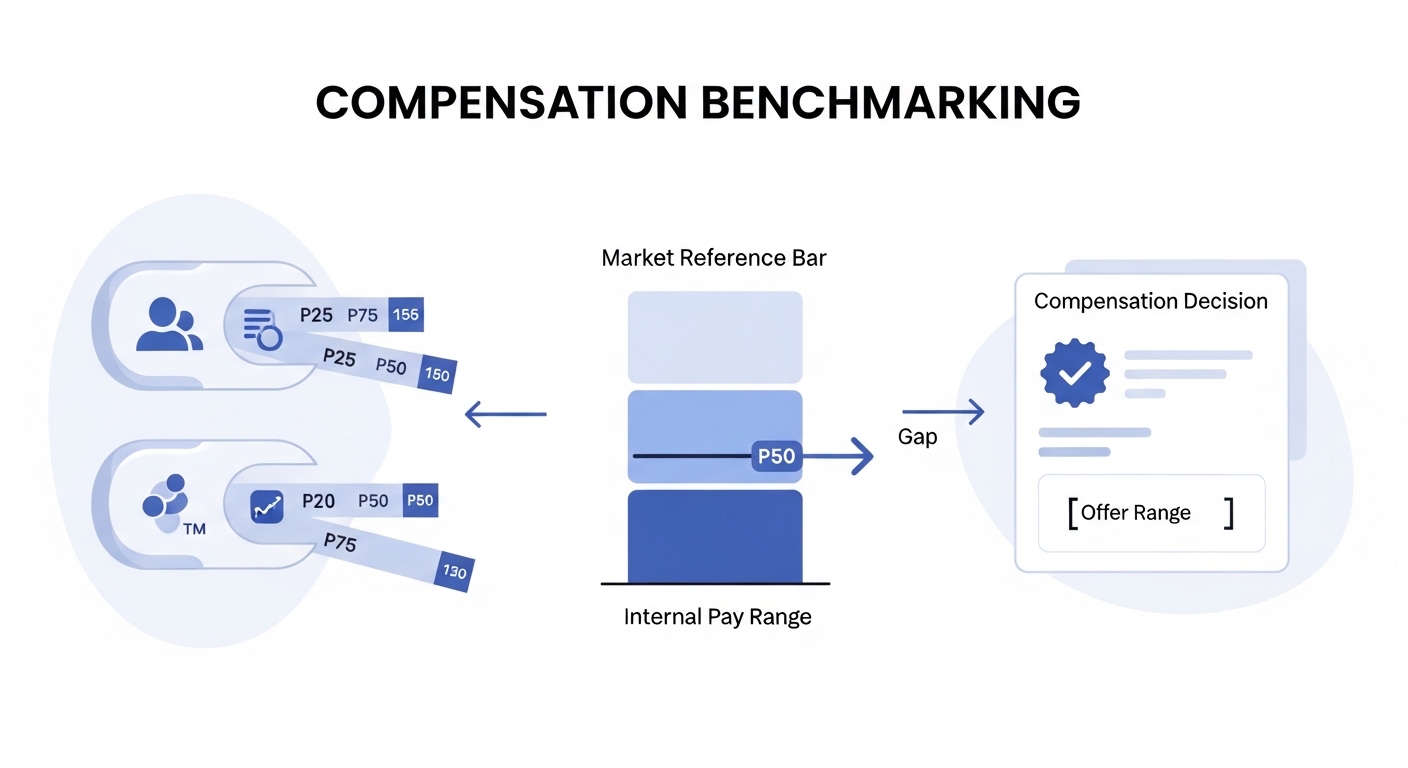 Illustration: compensation benchmarking showing market percentile bands for a role compared to an internal pay range with a gap indicator and a data source panel
