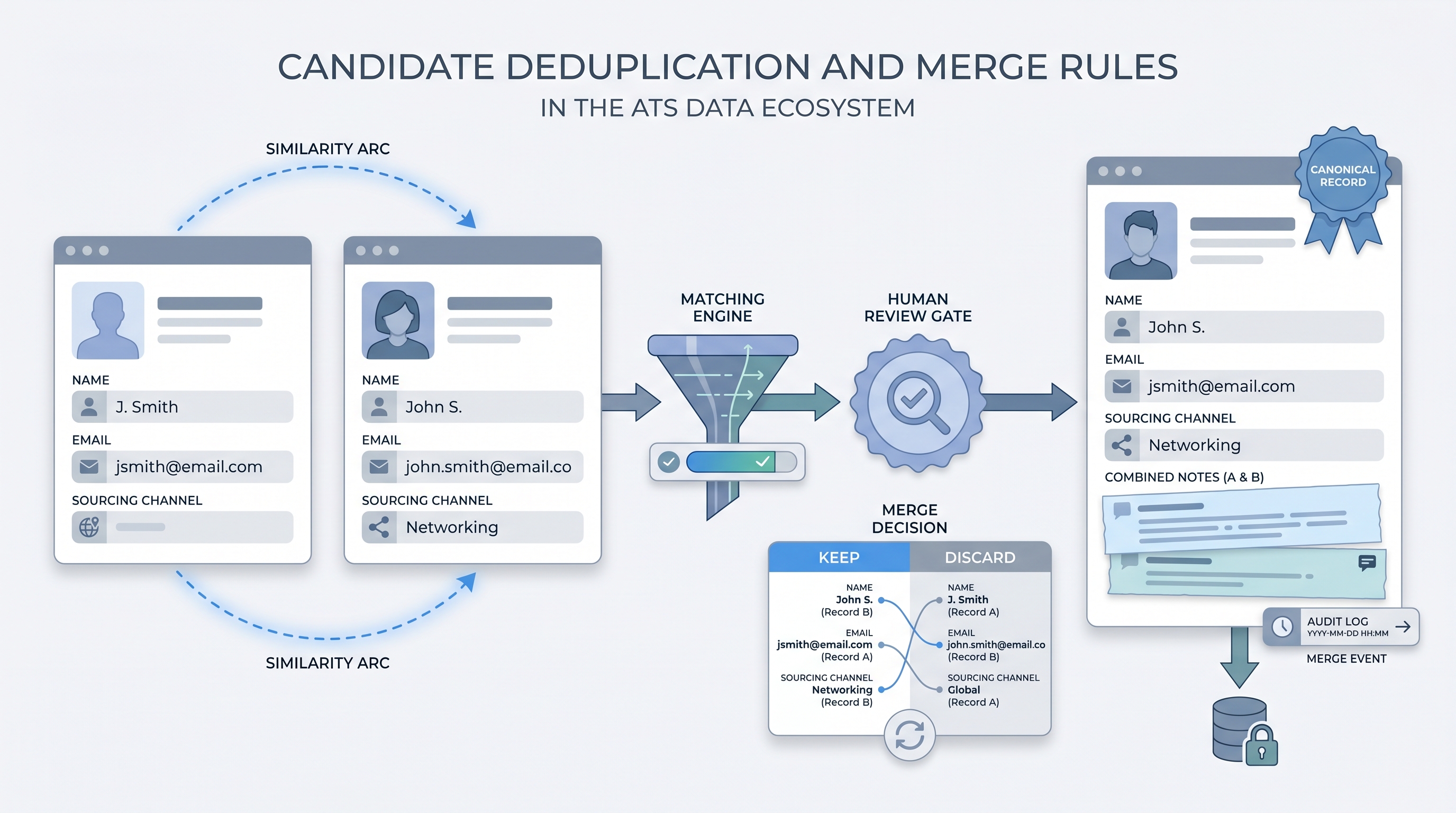Illustration: two duplicate candidate record cards detected by a matching engine, reviewed at a human gate, and merged into a single canonical record with a field-resolution indicator and audit log chip