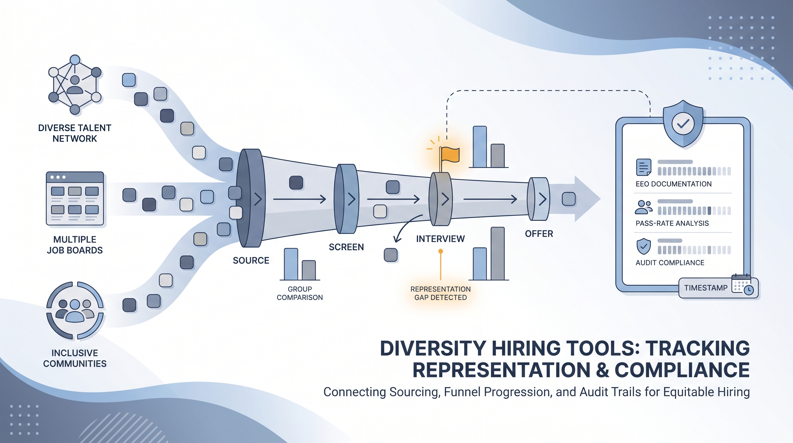 Illustration: diversity hiring tools showing a multi-channel sourcing input feeding a hiring funnel with group comparison bars at each stage gate, an amber gap flag at a bottleneck stage, and an audit report card with a compliance shield badge