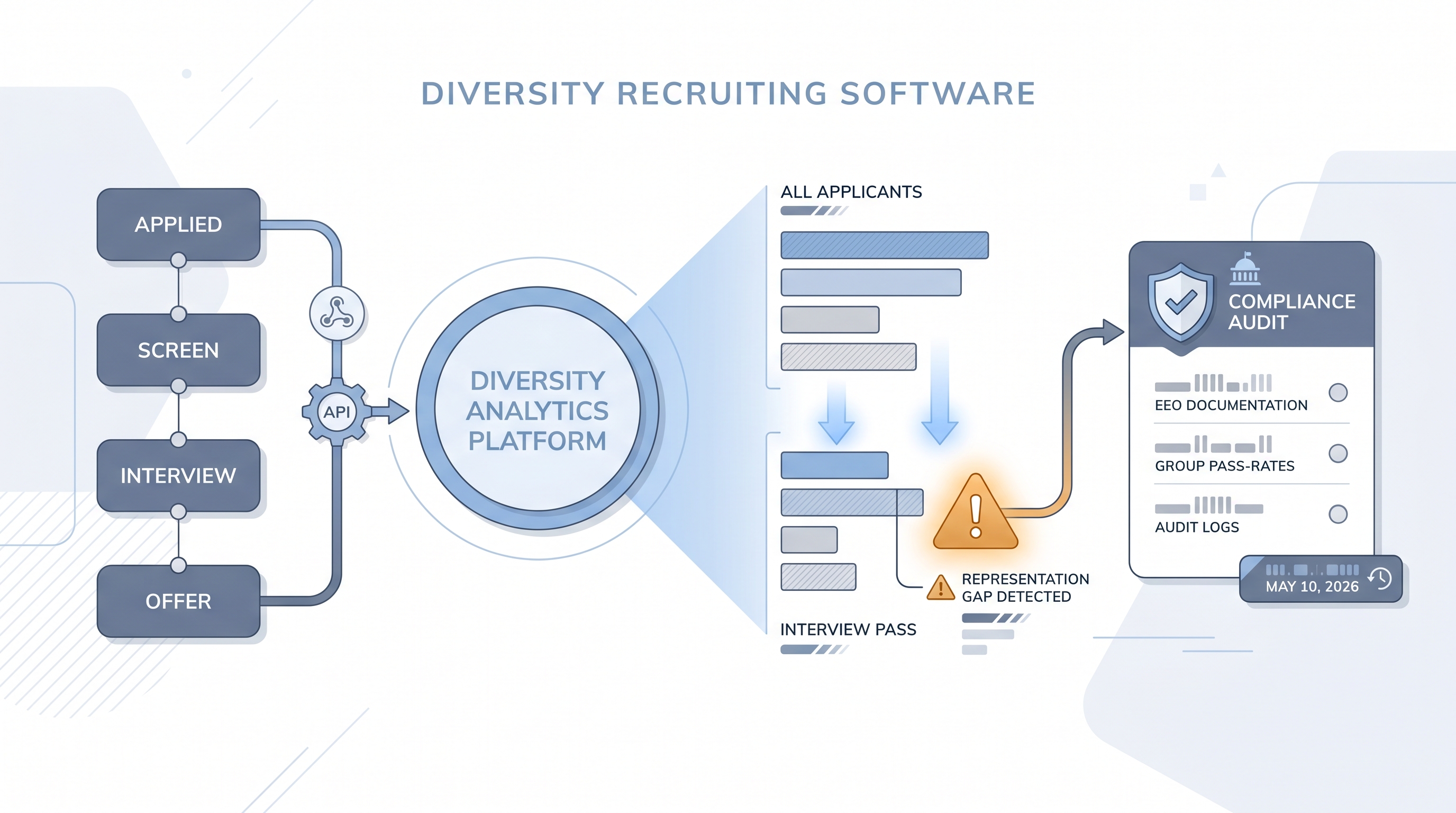 Illustration: diversity recruiting software connecting an ATS pipeline via API into an analytics hub that outputs a funnel-level representation panel with group comparison bars and an amber gap flag, beside a compliance audit export card with a shield badge