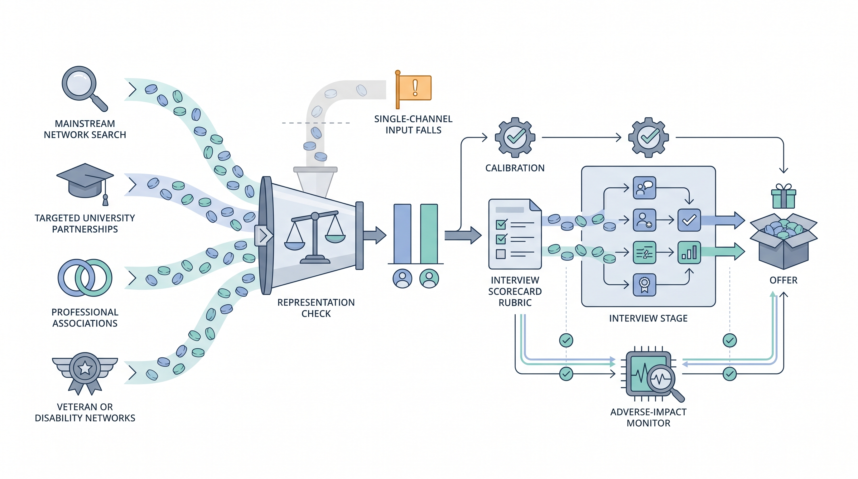 Illustration: diversity sourcing funnel with four candidate channels feeding mixed-group chips through a representation check gate before entering a calibrated structured interview pipeline with an adverse-impact monitor