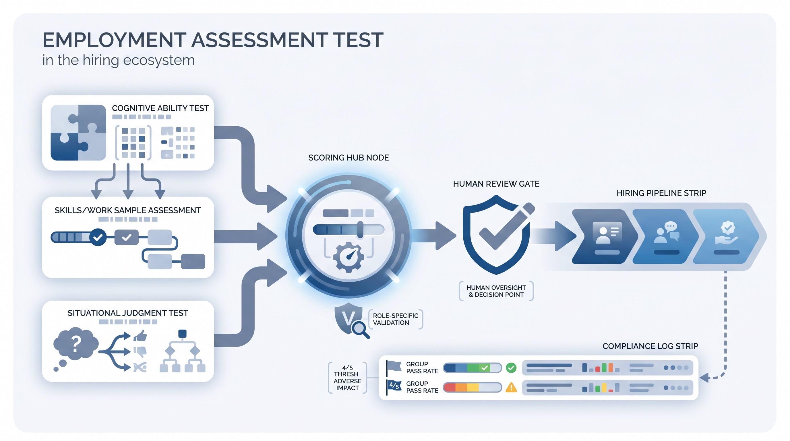 Illustration: employment assessment test showing cognitive, skills, and situational judgment input cards scored through a validation hub with a human review gate before the hiring pipeline and a group pass-rate compliance log strip