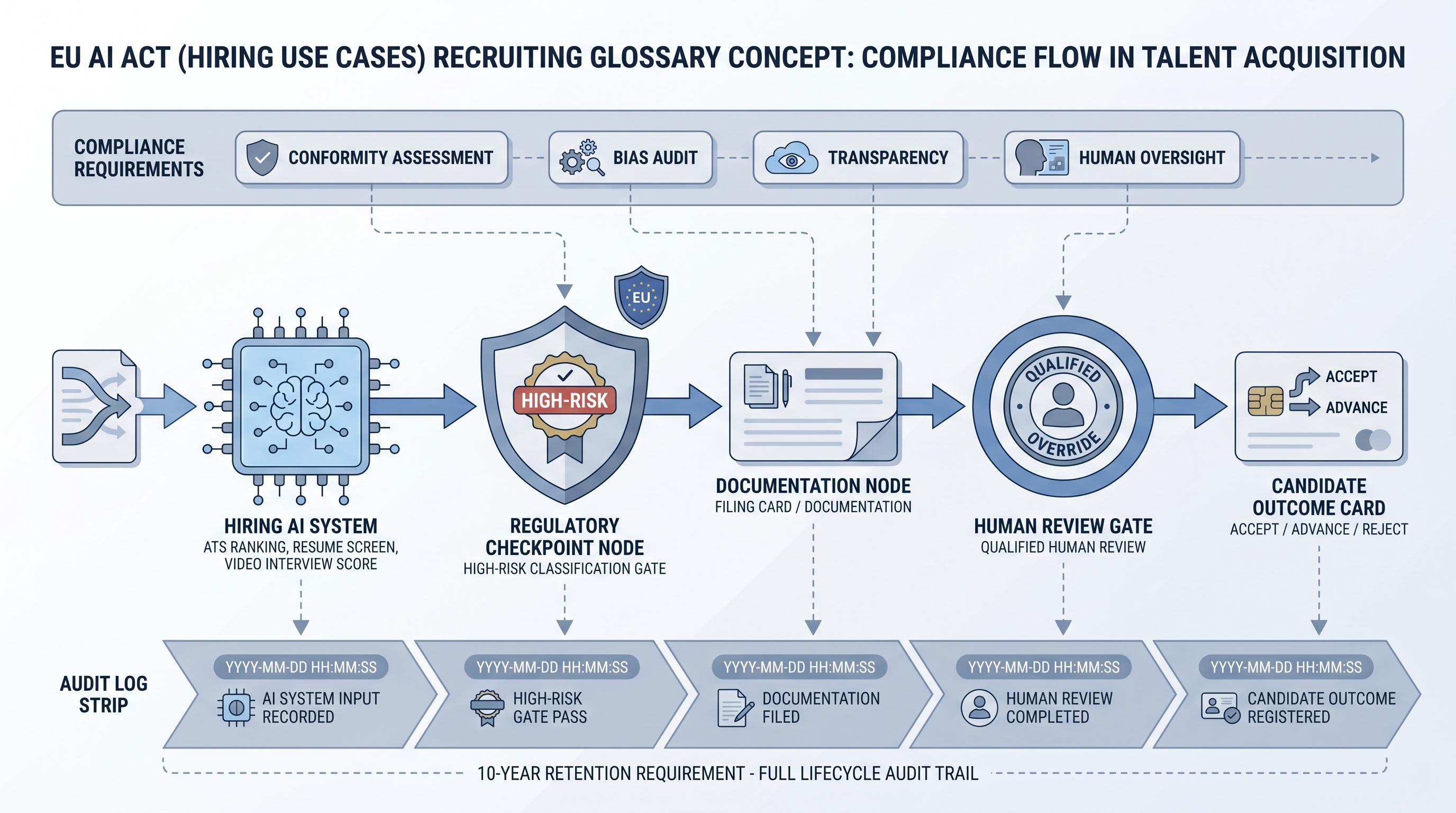 Illustration: hiring AI system passing a high-risk classification gate under a compliance requirements band, flowing through a documentation node and human review gate before reaching a candidate outcome, with an audit log strip beneath