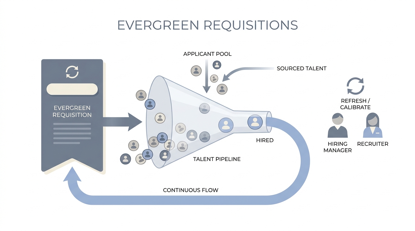 Illustration: a standing open requisition with a steady funnel of candidates and a loop suggesting the role stays open across hires alongside a small talent pool