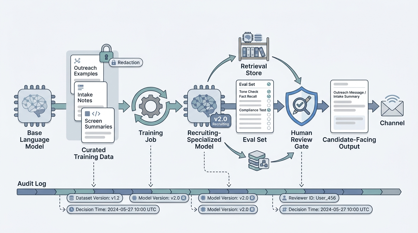 Illustration: a generic base language model plus a curated, redacted recruiting corpus feeding a training job that produces a domain-specialised model, sitting beside a retrieval store and passing through a human review gate before candidate-facing output, with an audit log strip beneath