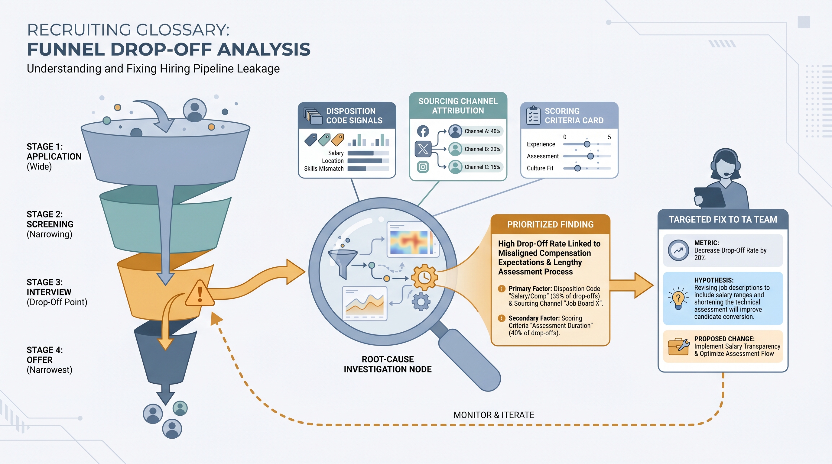 Illustration: hiring funnel drop-off analysis showing a narrowing pipeline with one amber-flagged stage, a root-cause investigation node examining disposition codes and sourcing signals, and a targeted action card routed to the TA team