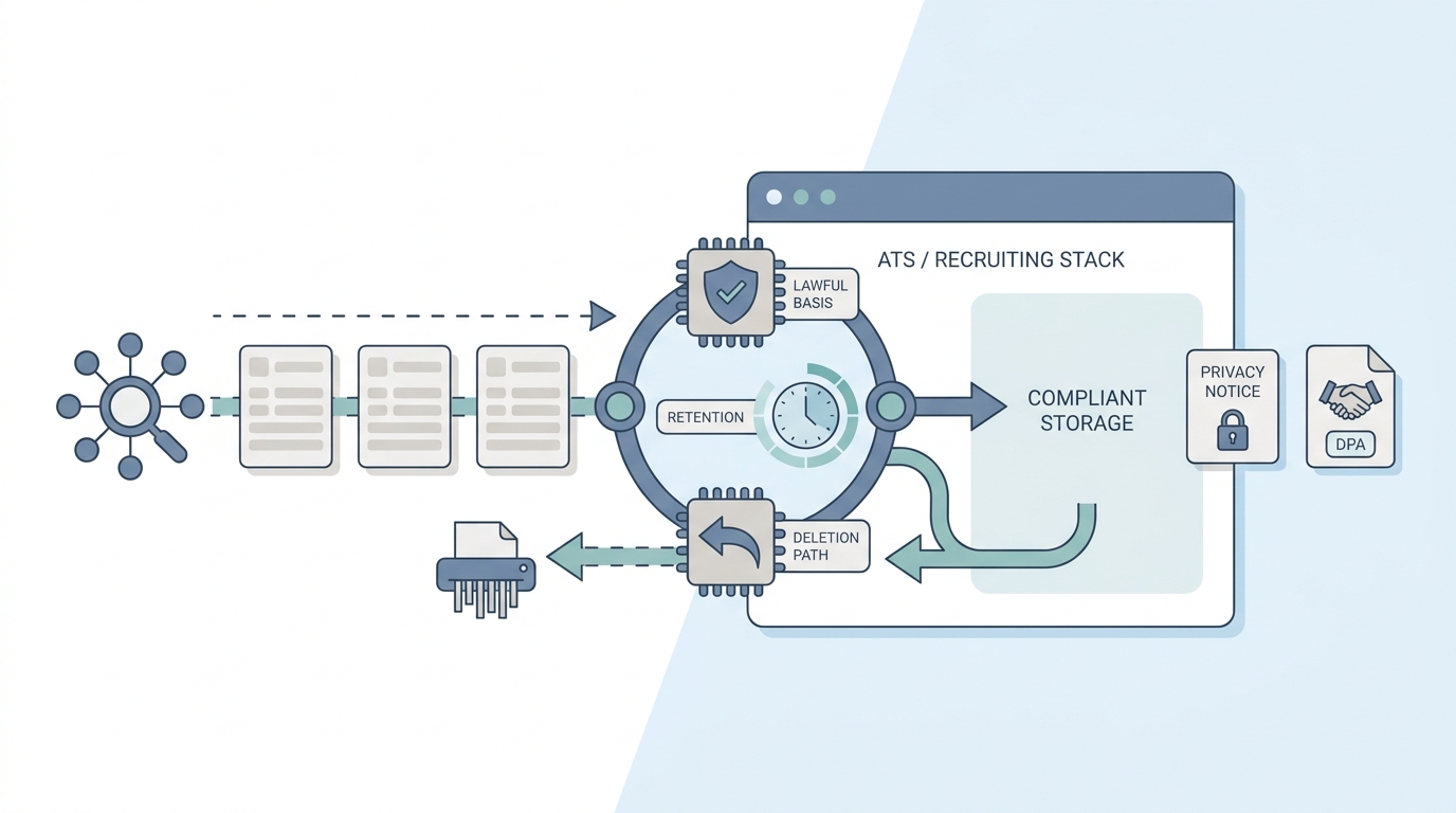 Illustration: candidate data cards flowing into a recruiting system through a compliance checkpoint showing lawful basis, retention clock, and deletion path, with a privacy notice and data processing agreement on the right