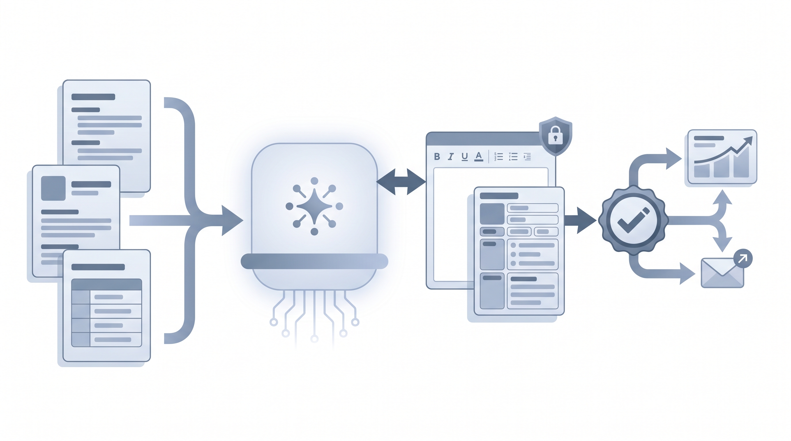 Illustration: Gemini AI model node embedded in a workspace document sidebar, receiving a wide-context candidate document stack, outputting a structured draft card through a human review gate to an ATS record and a send channel