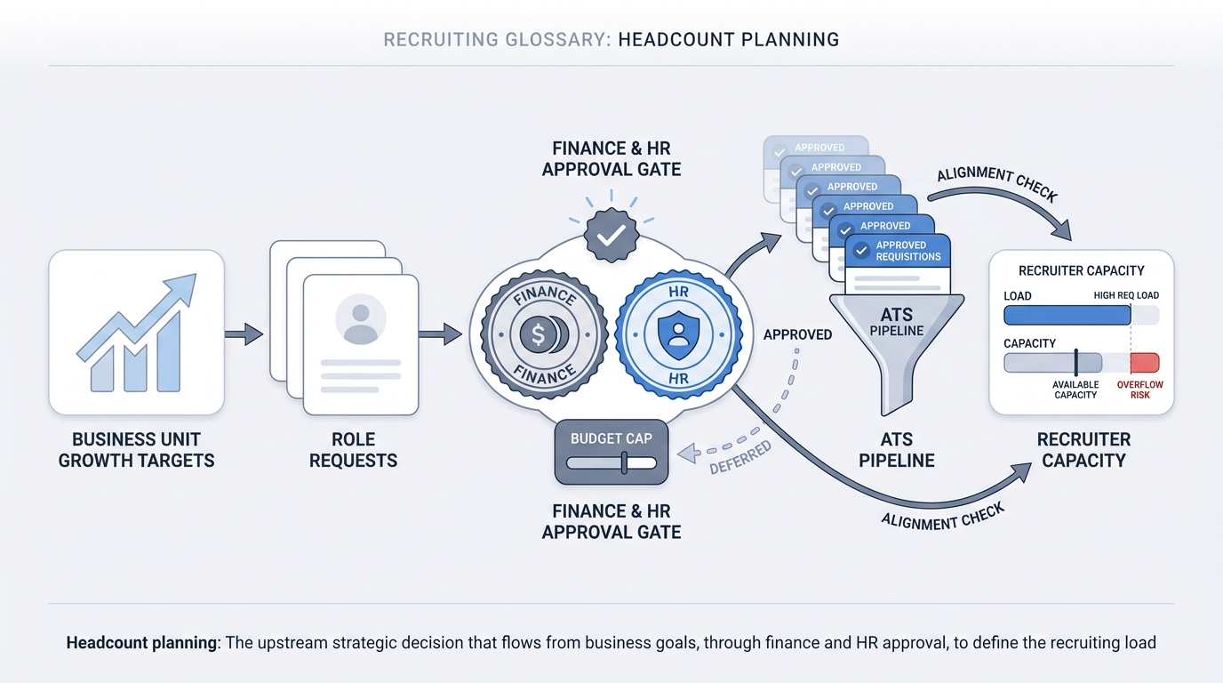 Illustration: business unit role requests passing a Finance and HR approval gate then flowing as approved requisitions into an ATS pipeline alongside a recruiter capacity bar showing load versus availability
