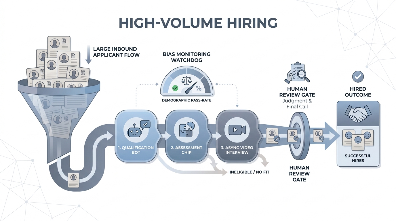 Illustration: large candidate inflow passing automated screening nodes with a bias monitoring gauge, narrowing through a human review gate before a hired outcome card