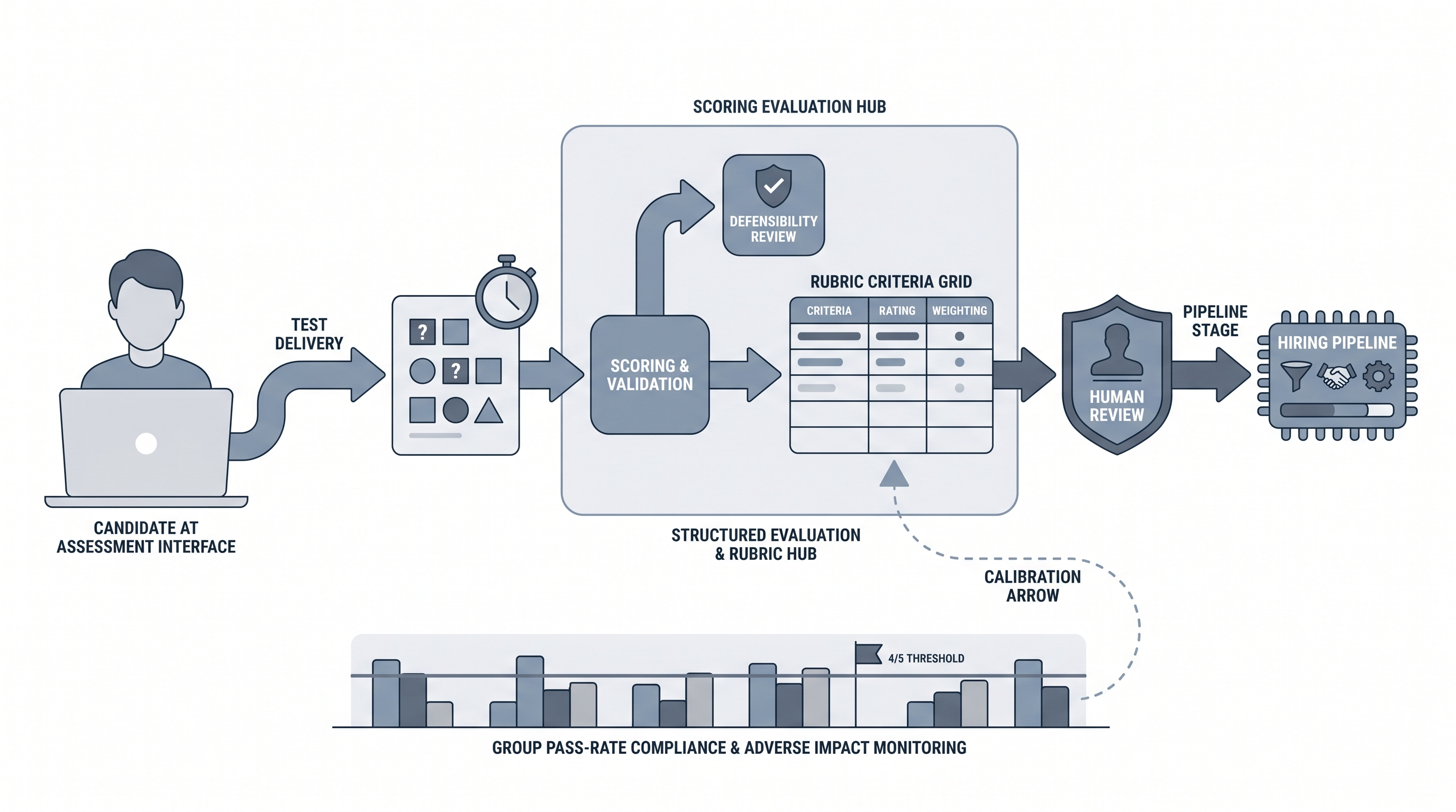 Illustration: hiring assessment test showing a candidate completing a timed test card, scored through a rubric evaluation hub, passing a human review gate before the hiring pipeline with a group pass-rate compliance strip at the bottom