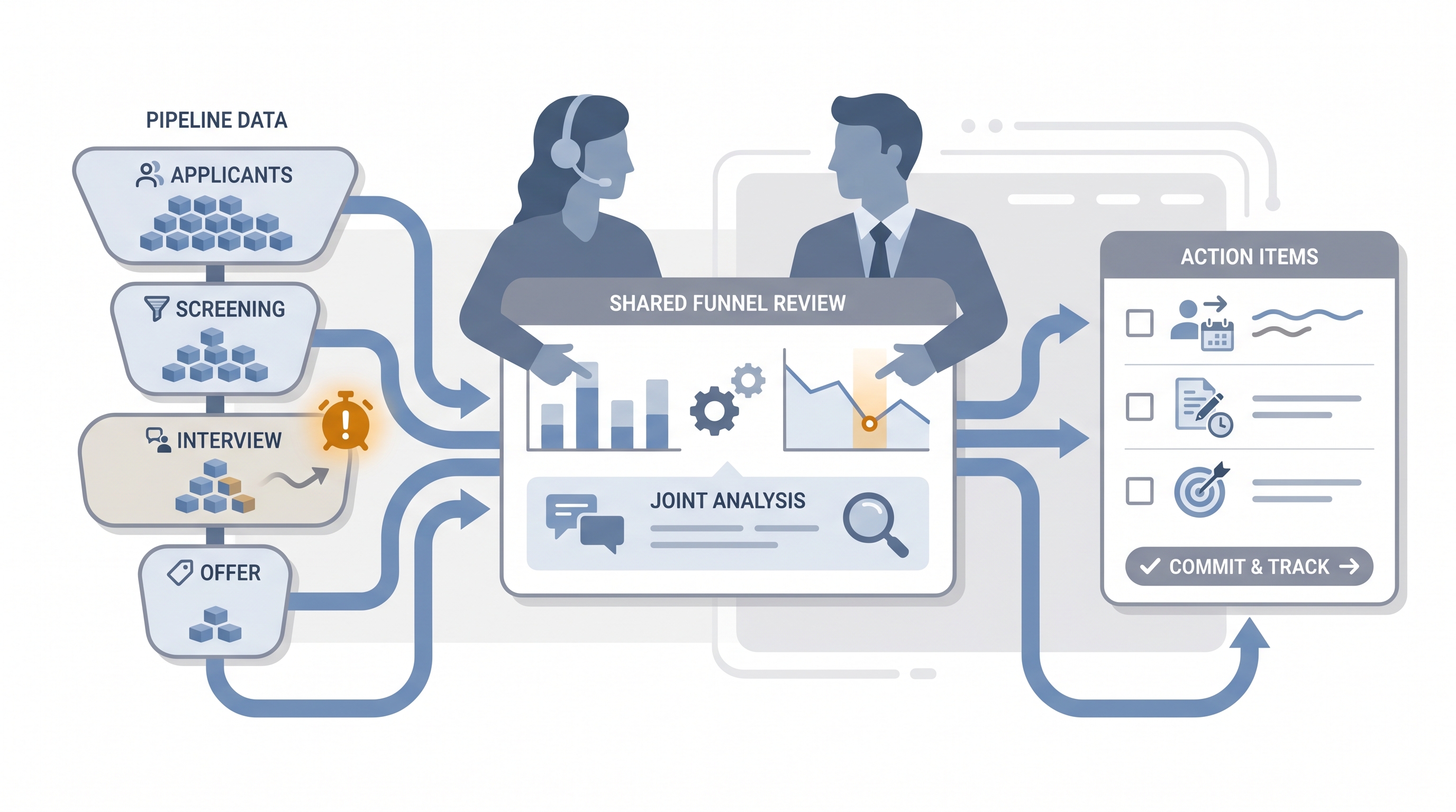 Illustration: hiring manager funnel review showing a recruiter and hiring manager aligned on a shared pipeline dashboard with stage counts, a time-in-stage alert flag, and an action items card flowing from the review