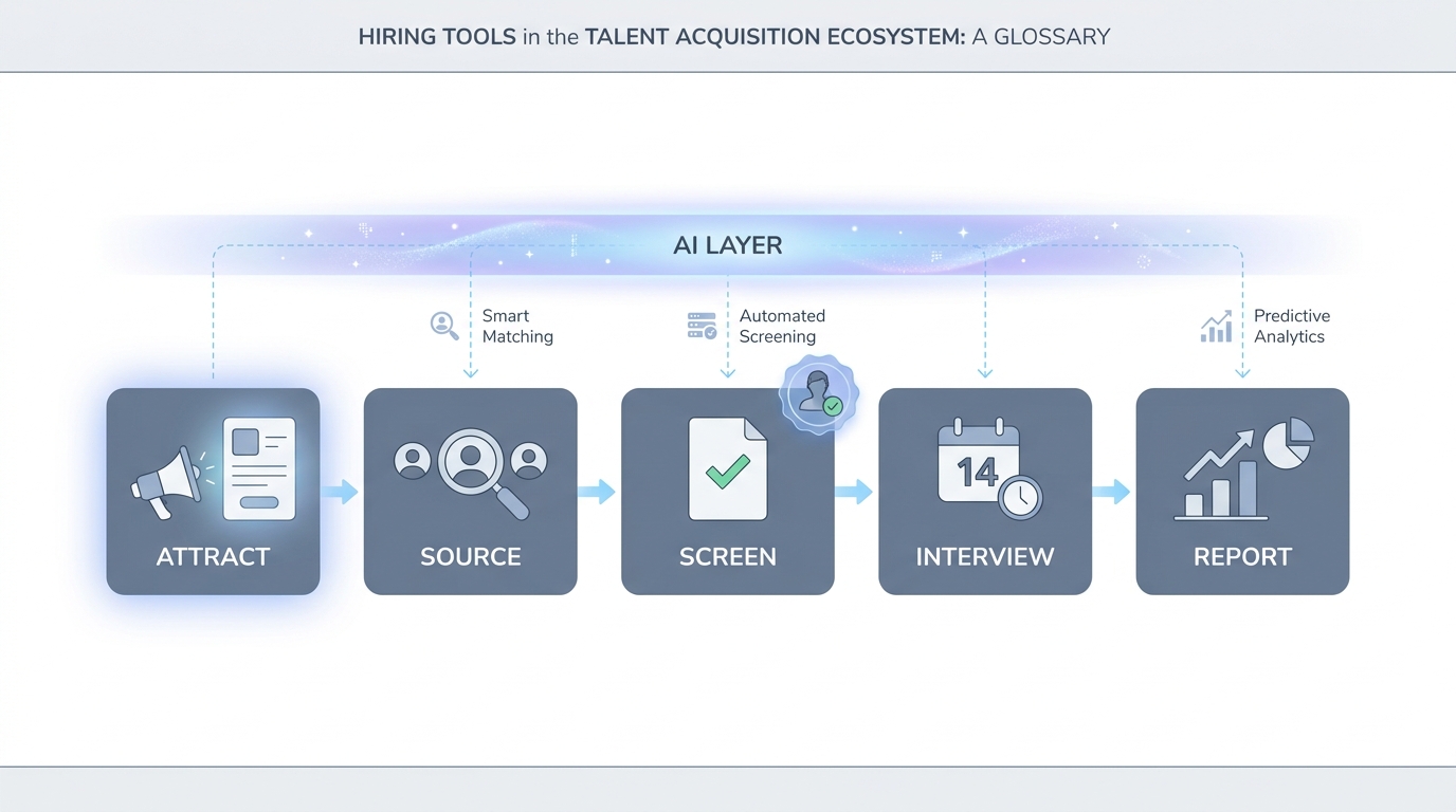 Illustration: hiring tools as a connected pipeline with ATS, sourcing, screening, scheduling, and analytics nodes, with an AI layer spanning across them