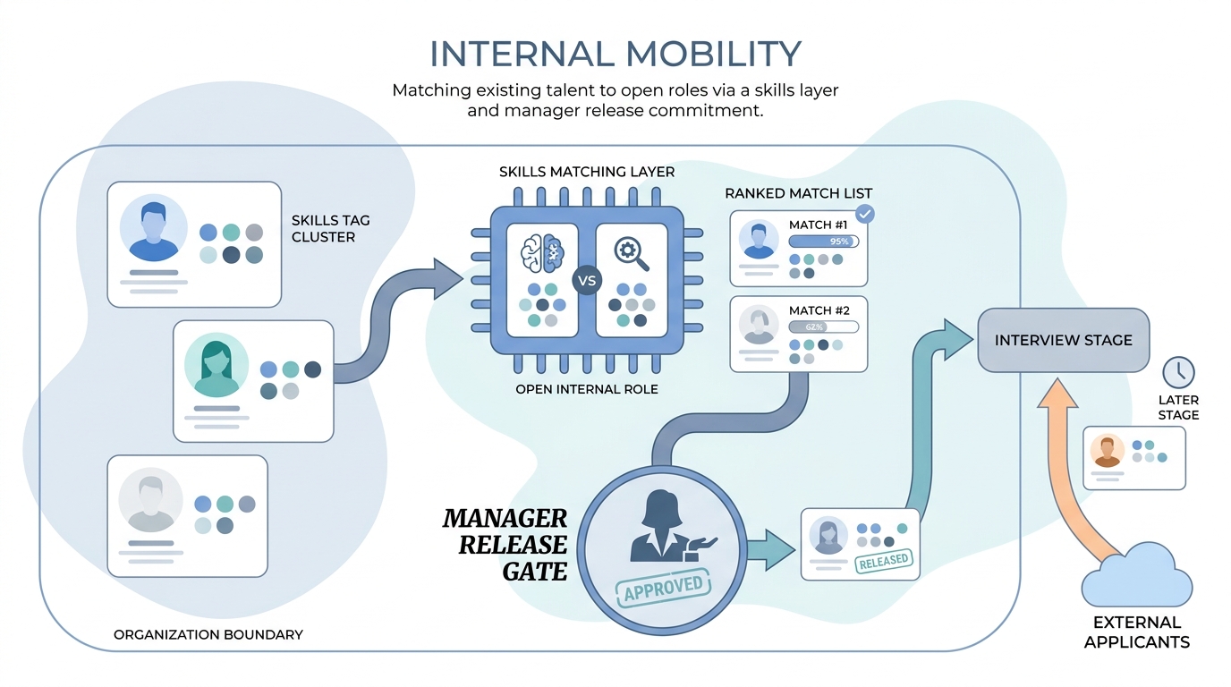 Illustration: employee profiles inside an org boundary feeding a skills matching chip that outputs ranked internal candidates, passing through a manager release gate before entering an interview stage ahead of external applicants