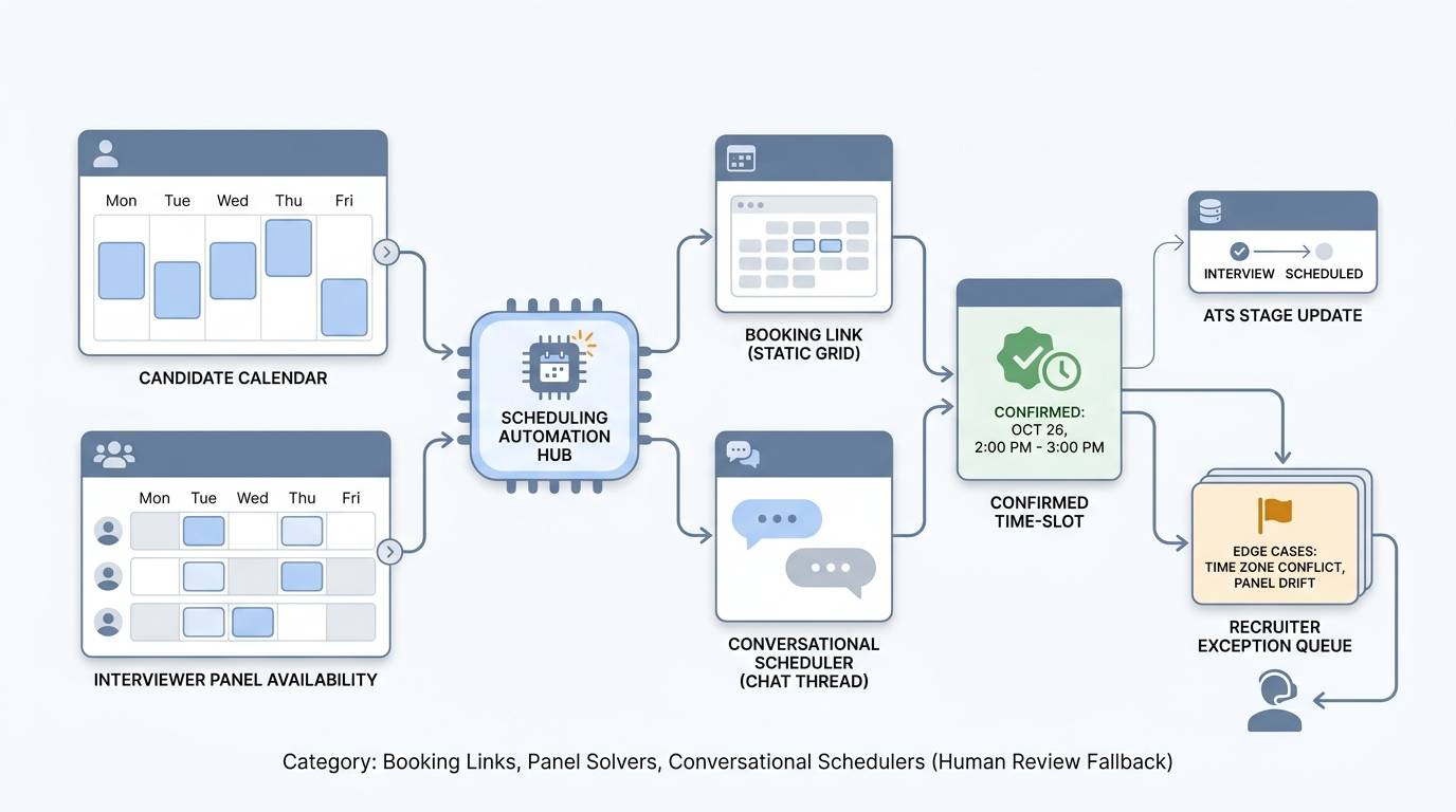 Illustration: interview scheduling automation layer reading candidate and panel calendars, exposing booking options, writing the confirmed slot back to the ATS, and routing edge cases to a human review queue