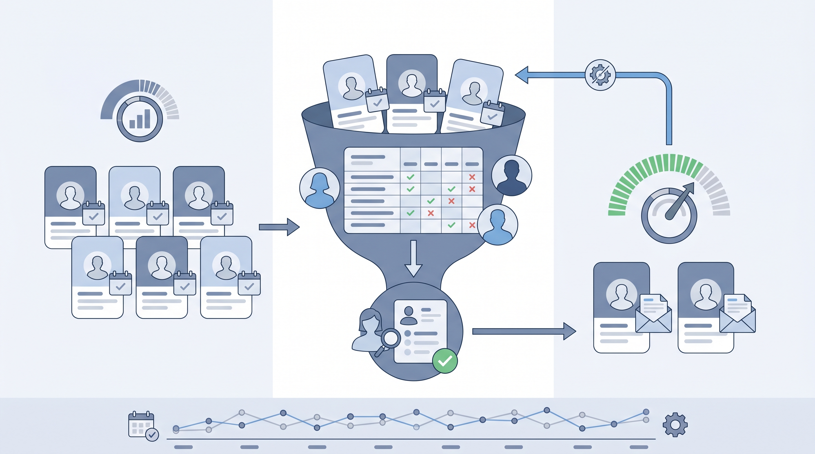 Illustration: interview-to-offer funnel showing a candidate group entering the interview stage narrowing to an offer group, with a scorecard evaluation node, a human review gate, and a ratio gauge tracking the conversion proportion