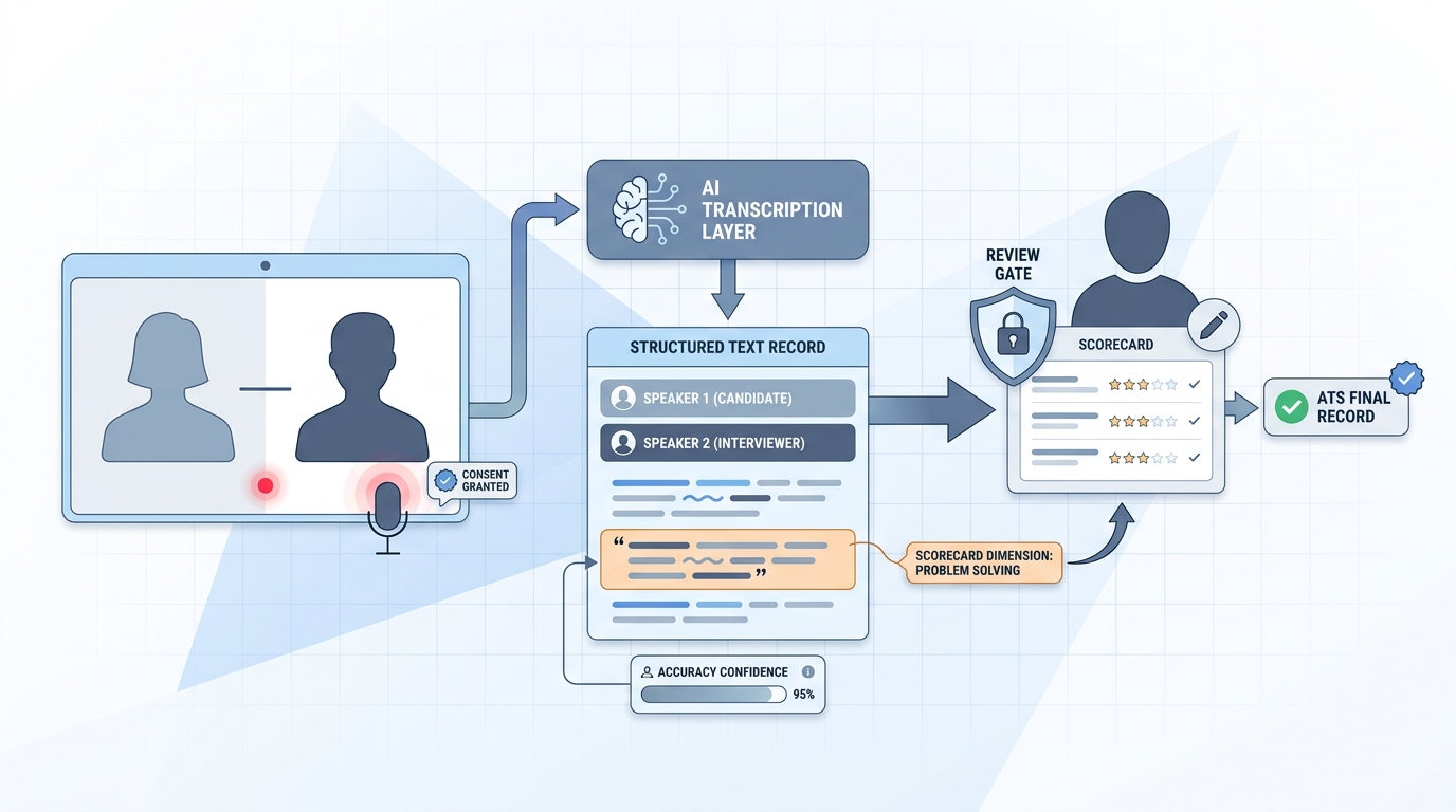 Illustration: interview audio stream entering an AI transcription node that outputs speaker-labeled text with evidence clips linked to scorecard dimensions, passing through a human review gate before the approved note enters the ATS record