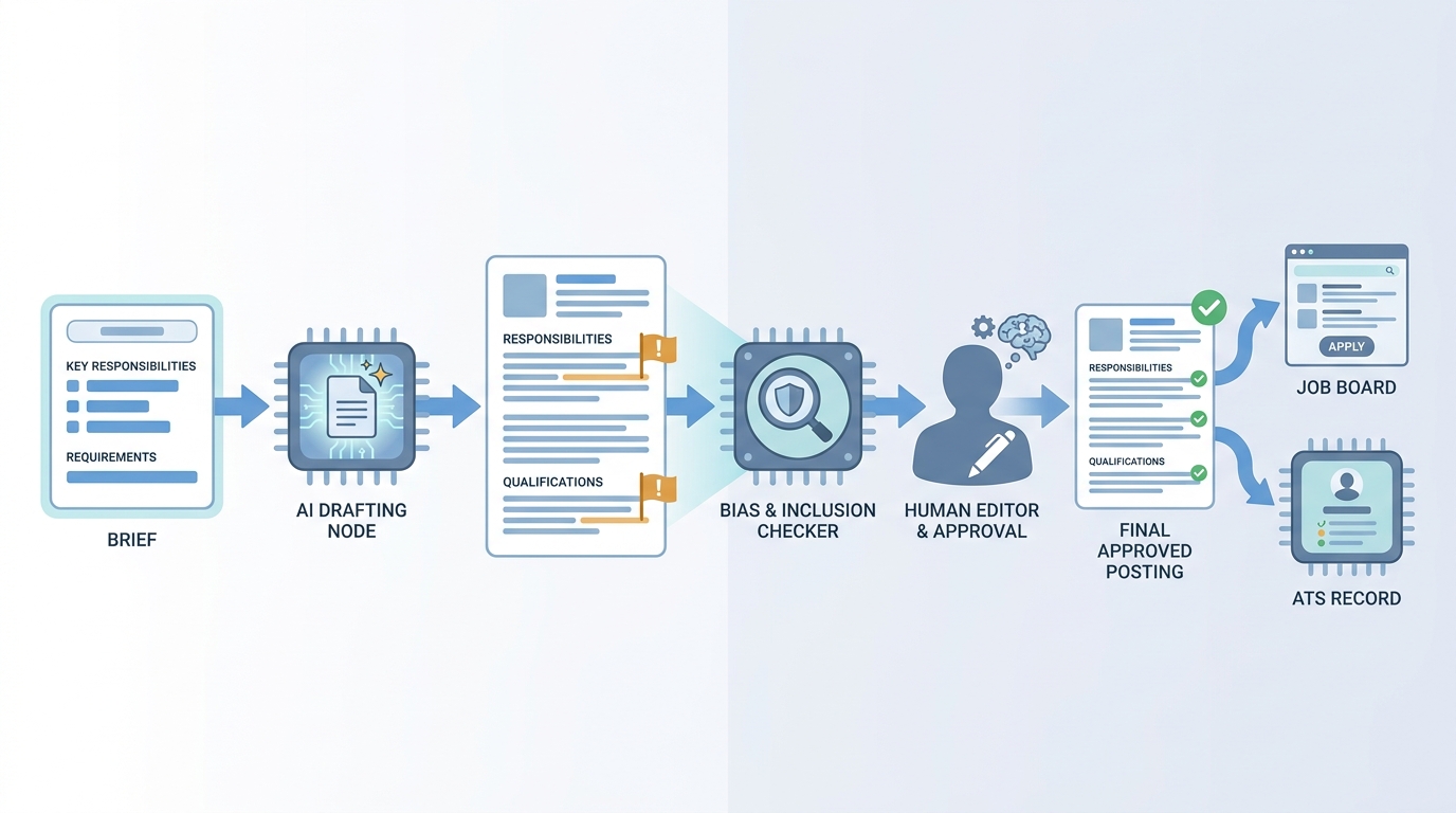 Illustration: a hiring manager brief feeding an AI drafting node that outputs a structured job description draft, which passes through a bias and inclusion checker flagging items for a human editor before the approved posting flows to a job board and ATS