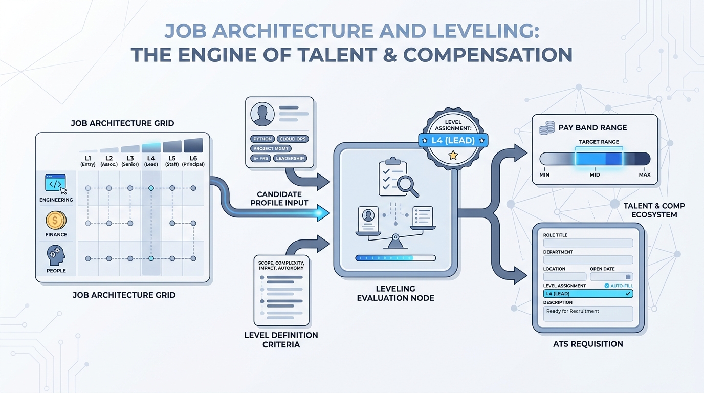 Illustration: a job architecture matrix of families and levels feeding a leveling evaluation node that compares a candidate profile against level criteria and outputs a level badge connecting to a pay band range card and an ATS requisition chip