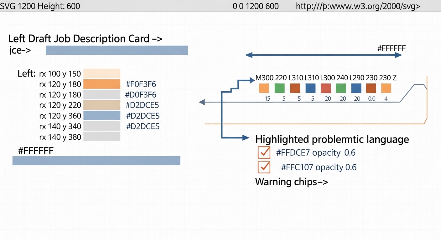 Illustration: a draft job description with amber-highlighted phrases and warning chips feeding an AI analysis node that outputs a revised document card with flags cleared and a wider pool of diverse silhouette shapes flowing toward an apply button