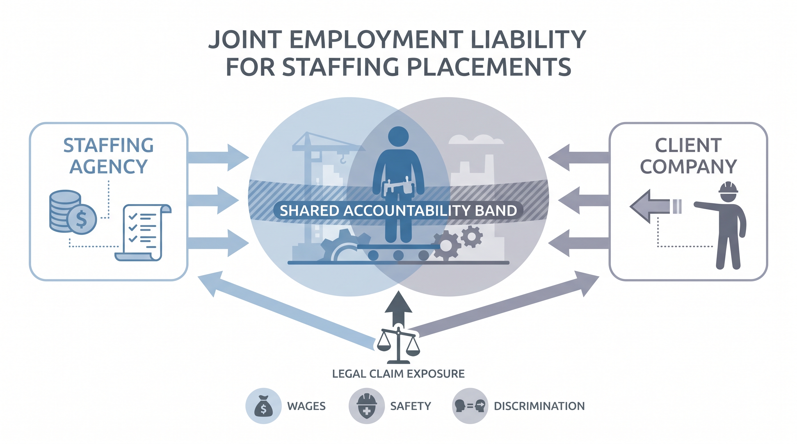 Illustration: joint employment liability in staffing showing a contractor at the center of overlapping agency and client employer zones, with a shared accountability band and a legal claim card showing both entities are exposed to wage, safety, and discrimination claims