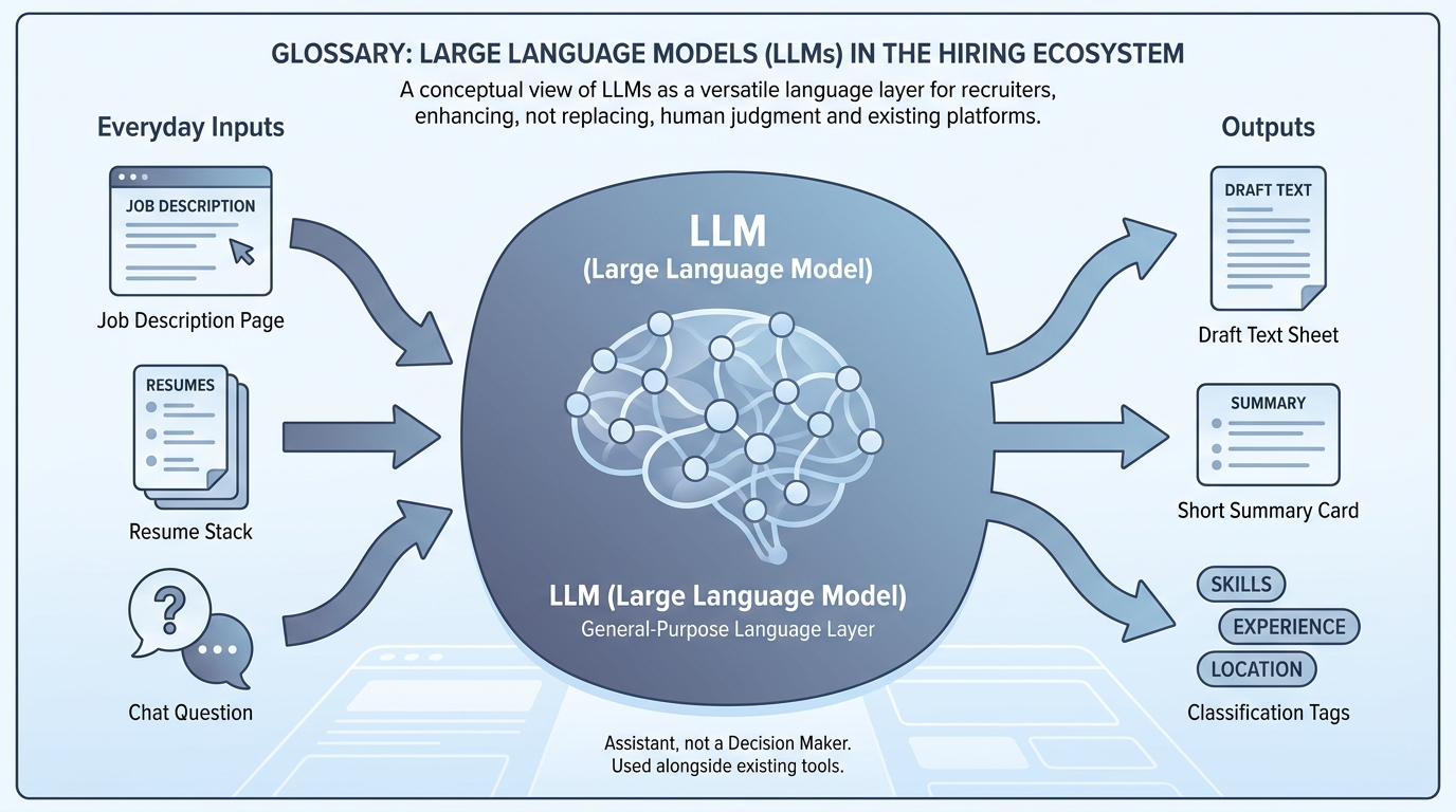 Illustration: An LLM core turning job inputs into drafts, summaries, and tags for recruiting work