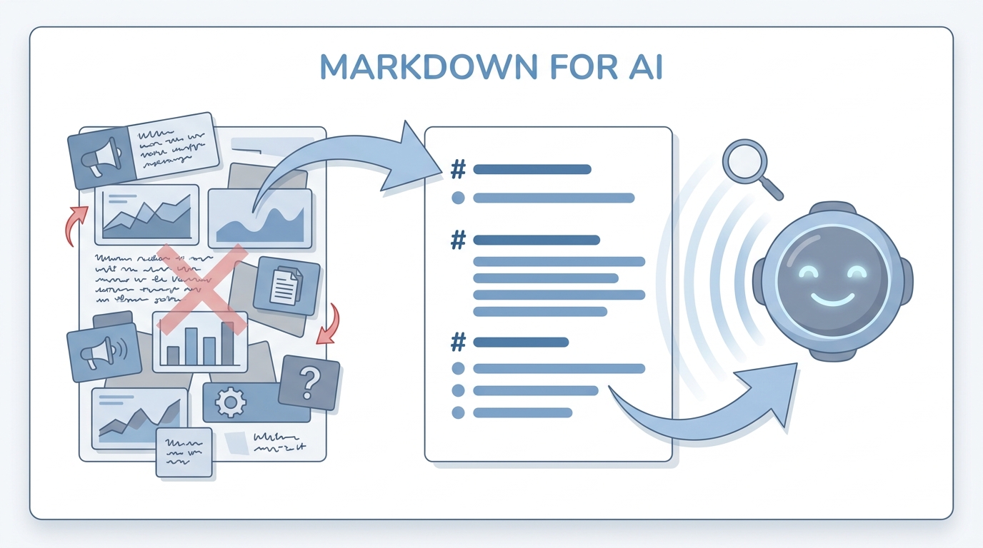 Illustration: Messy documents simplified into structured Markdown for both people and assistants