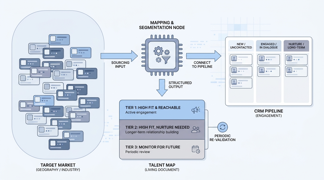 Illustration: a target market boundary containing candidate profile clusters feeding a segmentation node that outputs a tiered market map connecting to a CRM pipeline with engagement status columns and a refresh cycle badge for ongoing maintenance