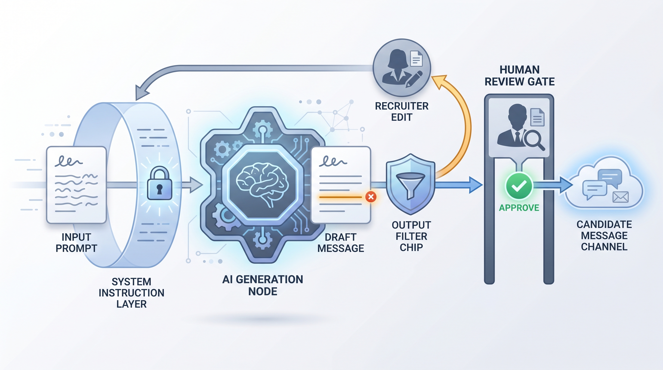 Illustration: model guardrails as layered constraints around an AI output, with system instructions on entry, output filters in the middle, and a human review gate before candidate-facing delivery