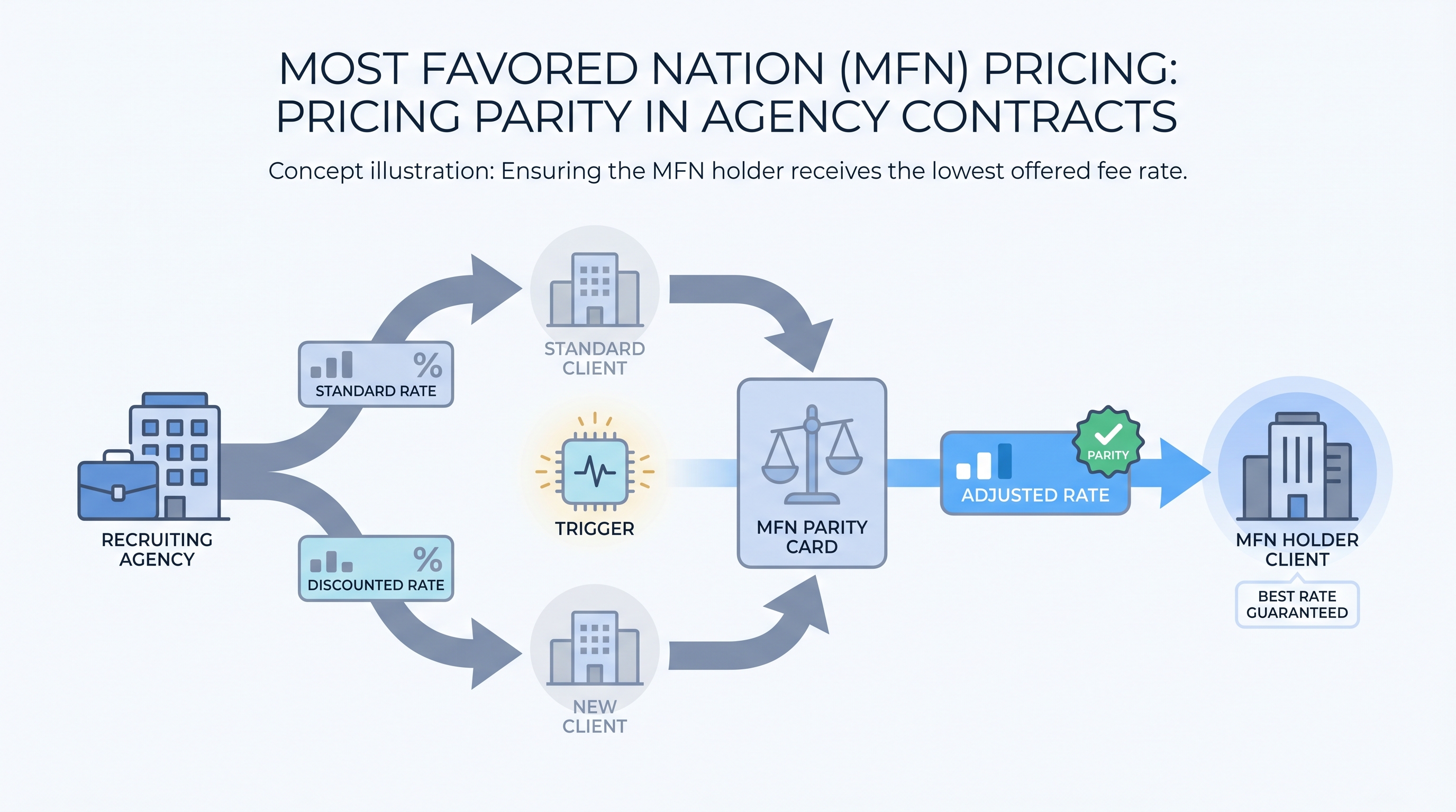 Illustration: MFN pricing parity in an agency contract showing two client rate chips diverging from an agency node, with an MFN parity card equalizing the rates, and the MFN holder client receiving a verified lower rate card