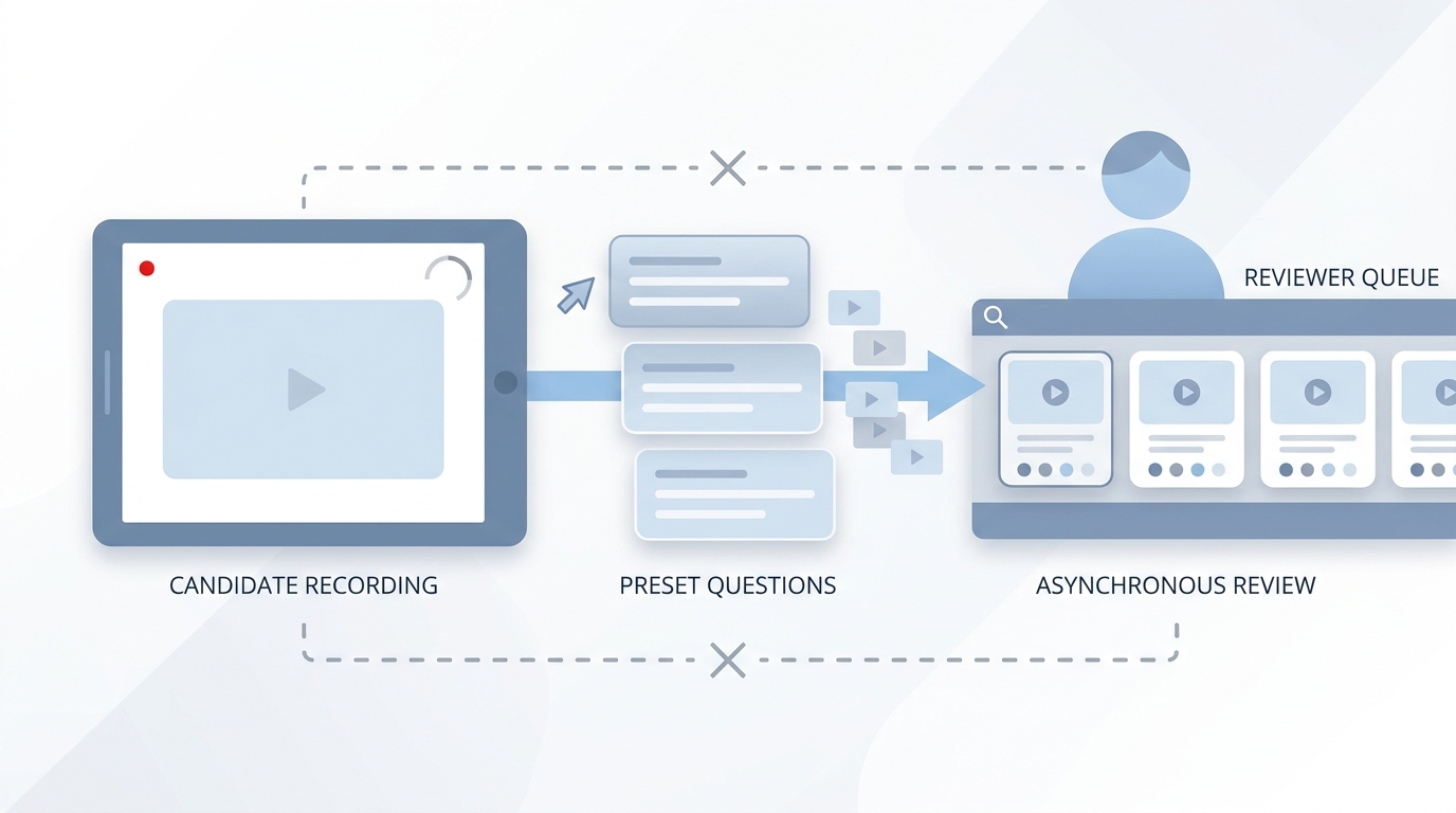 Illustration: One-way video interview with a candidate recording preset questions on a blank screen and reviewers watching clips in a later queue with a rubric