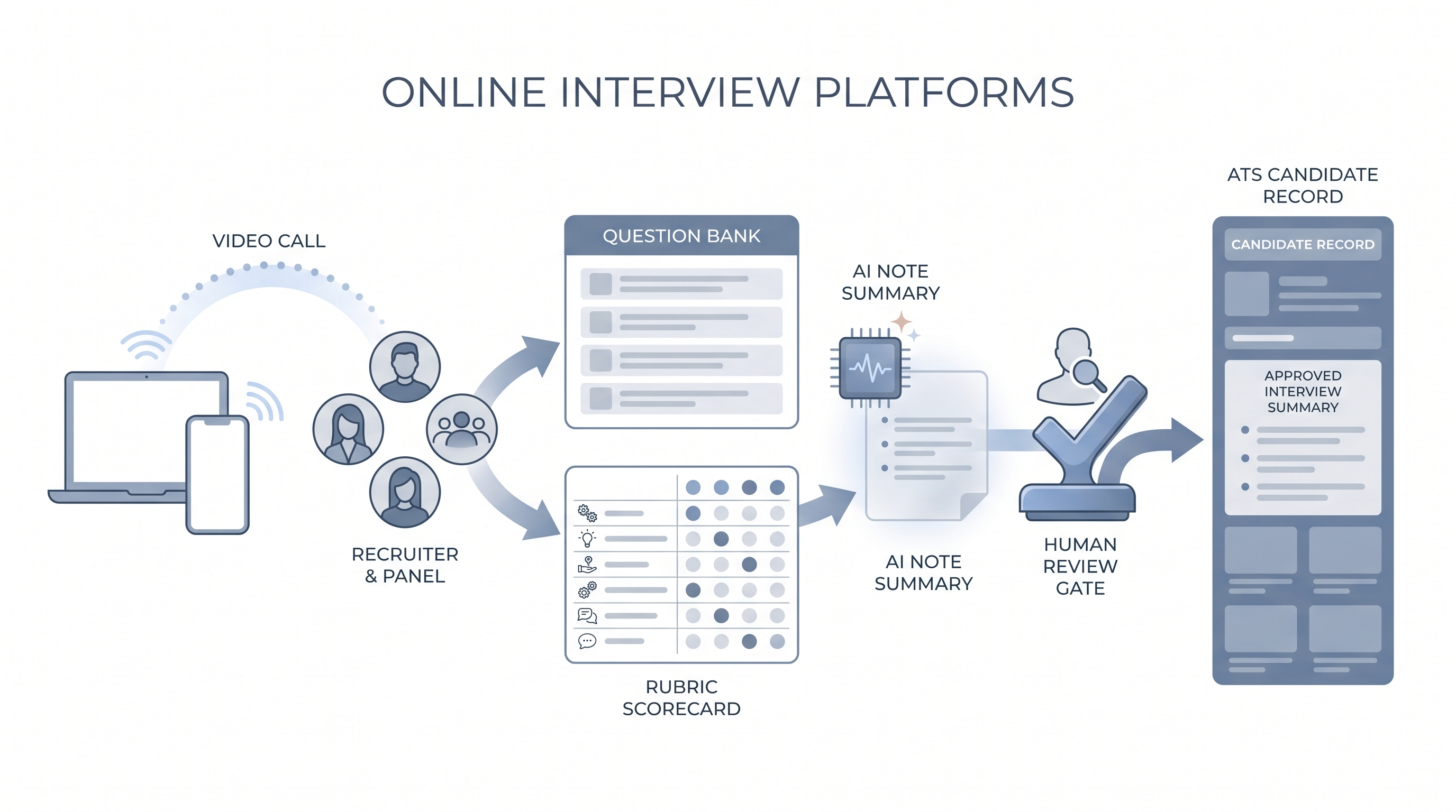 Illustration: online interview platforms showing a candidate connecting through a video node to a structured question bank, panel scorecard, and AI note summary draft passing a human review gate before the evaluation reaches the ATS candidate record
