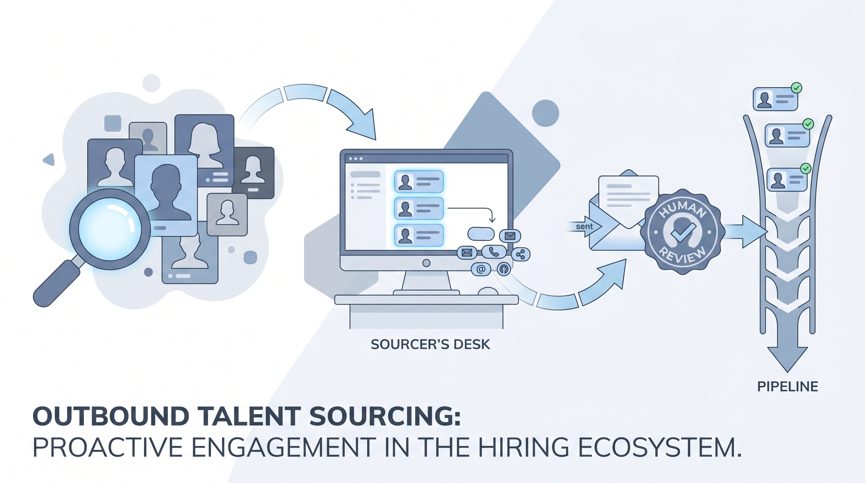Illustration: outbound talent sourcing showing a sourcer identifying target profiles from a talent pool, enriching contact details, and routing personalized outreach through a human review gate into the hiring pipeline