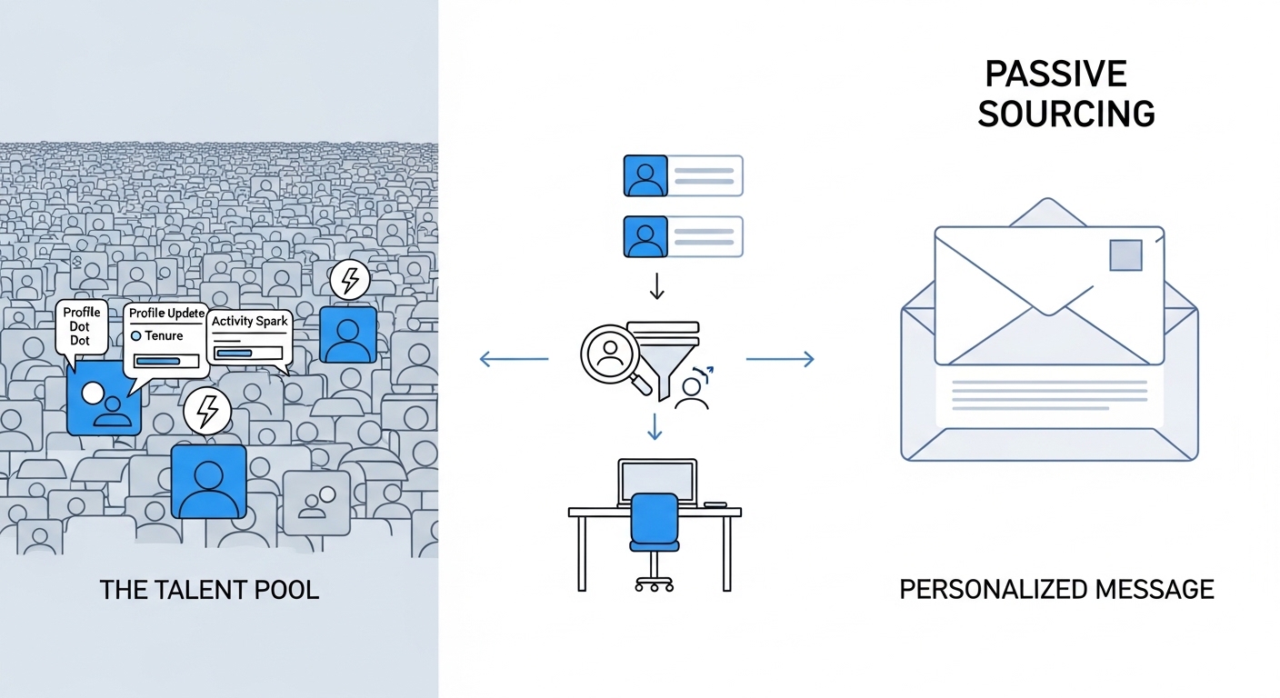 Illustration: passive sourcing showing a sourcer scanning profile signals and job-change indicators to build a targeted shortlist, with personalised outreach passing a human review gate before the first message reaches the candidate
