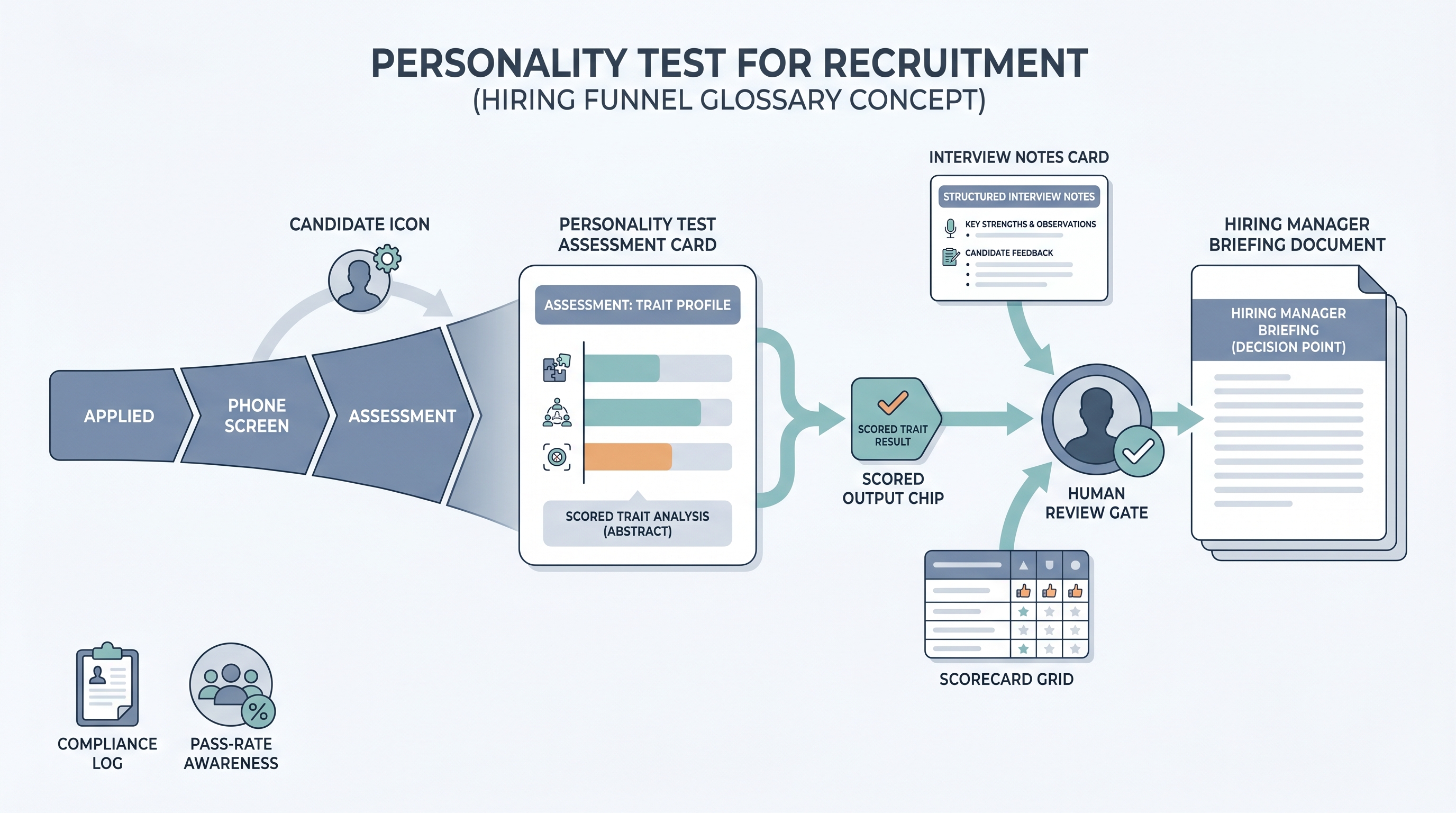 Illustration: personality test for recruitment showing a trait assessment card placed after a phone screen in the recruitment funnel, with a scored output informing a hiring manager briefing card as one input alongside interview notes, and a human review gate before the candidate advances