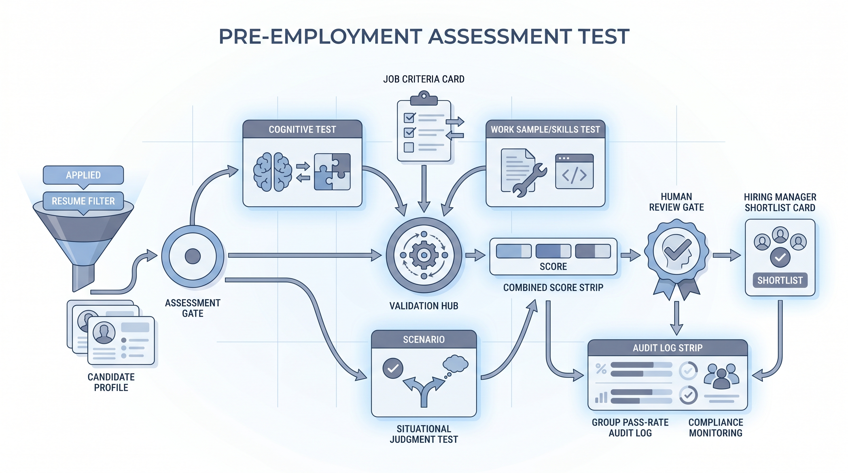 Illustration: pre-employment assessment test showing three test type cards (cognitive, work sample, situational judgment) scored through a validation hub at an early funnel gate, with a human review gate before the hiring manager shortlist and a group pass-rate compliance audit log