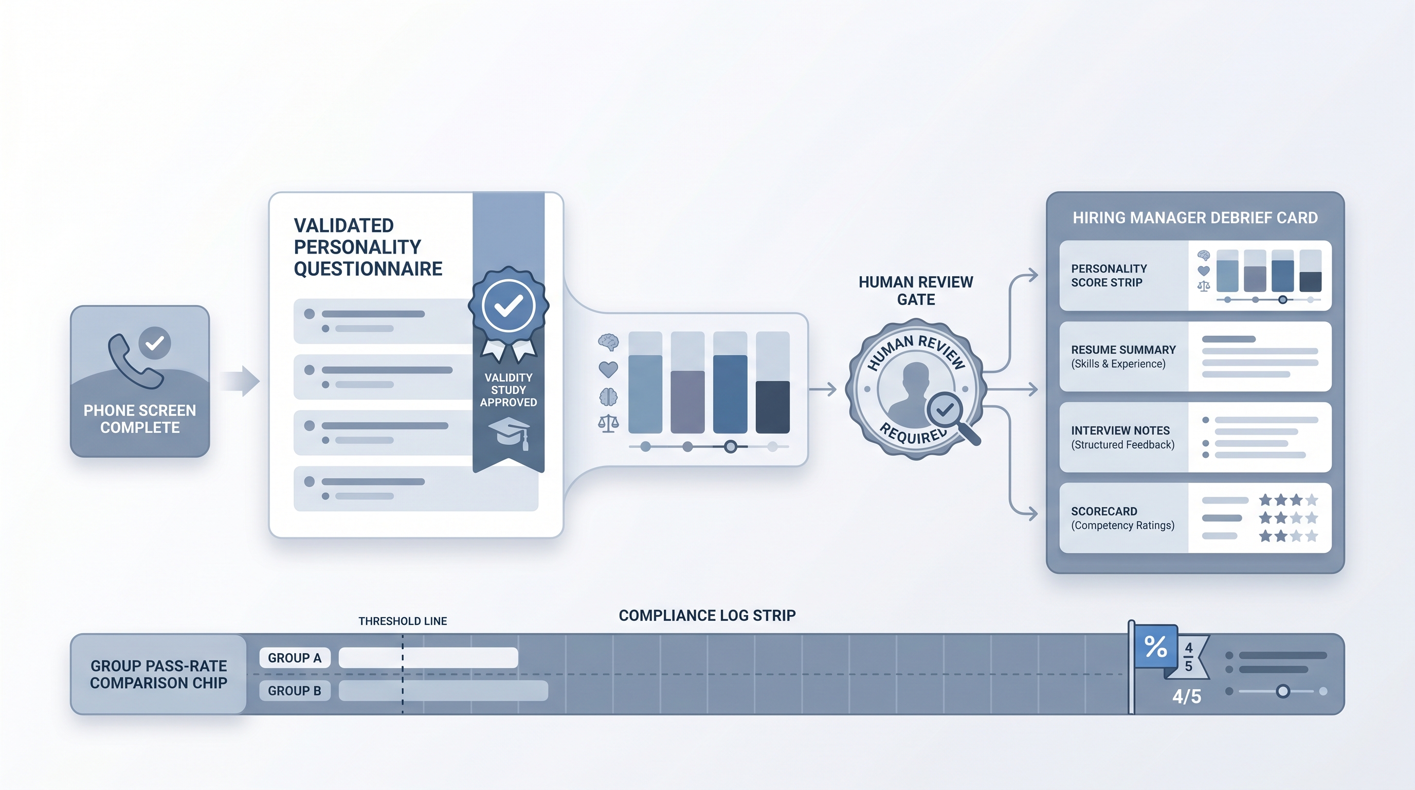 Illustration: pre-employment personality test showing a validated Big Five trait card scored after a phone screen, output informing a structured debrief card as one input among several, with a human review gate before the hiring manager interview and a compliance log strip for group pass-rate monitoring