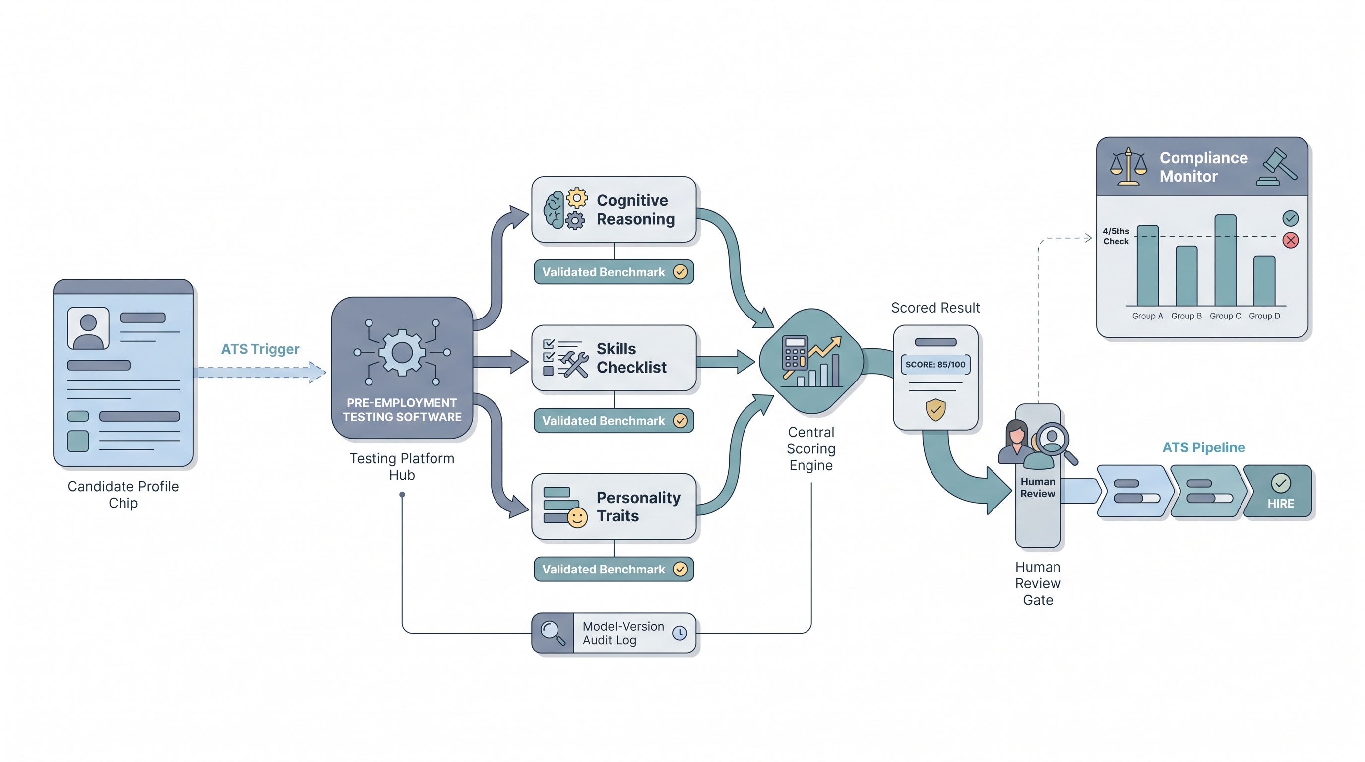Illustration: pre-employment testing software platform routing ATS-triggered invitations to cognitive, skills, and personality assessment cards, scoring through a benchmark node, passing a human review gate before the ATS pipeline with a compliance monitor showing group pass-rate bars
