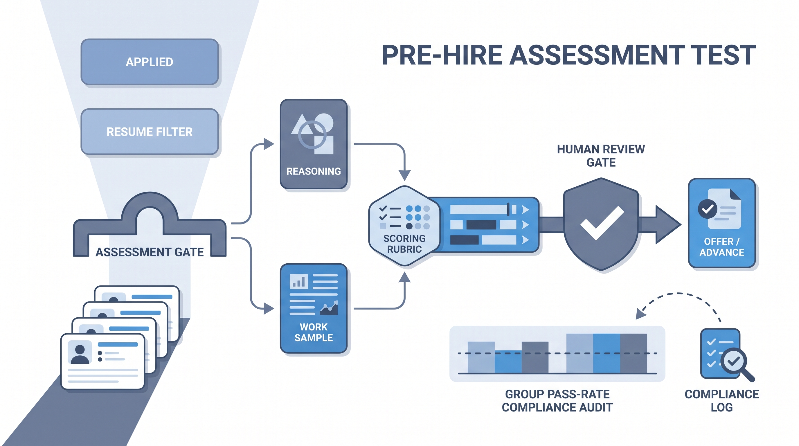 Illustration: pre-hire assessment test showing a short screen and a work sample gate positioned in the hiring funnel between the resume filter and the recruiter call, with a validation rubric, a human review gate before the hiring decision, and a group pass-rate compliance audit strip