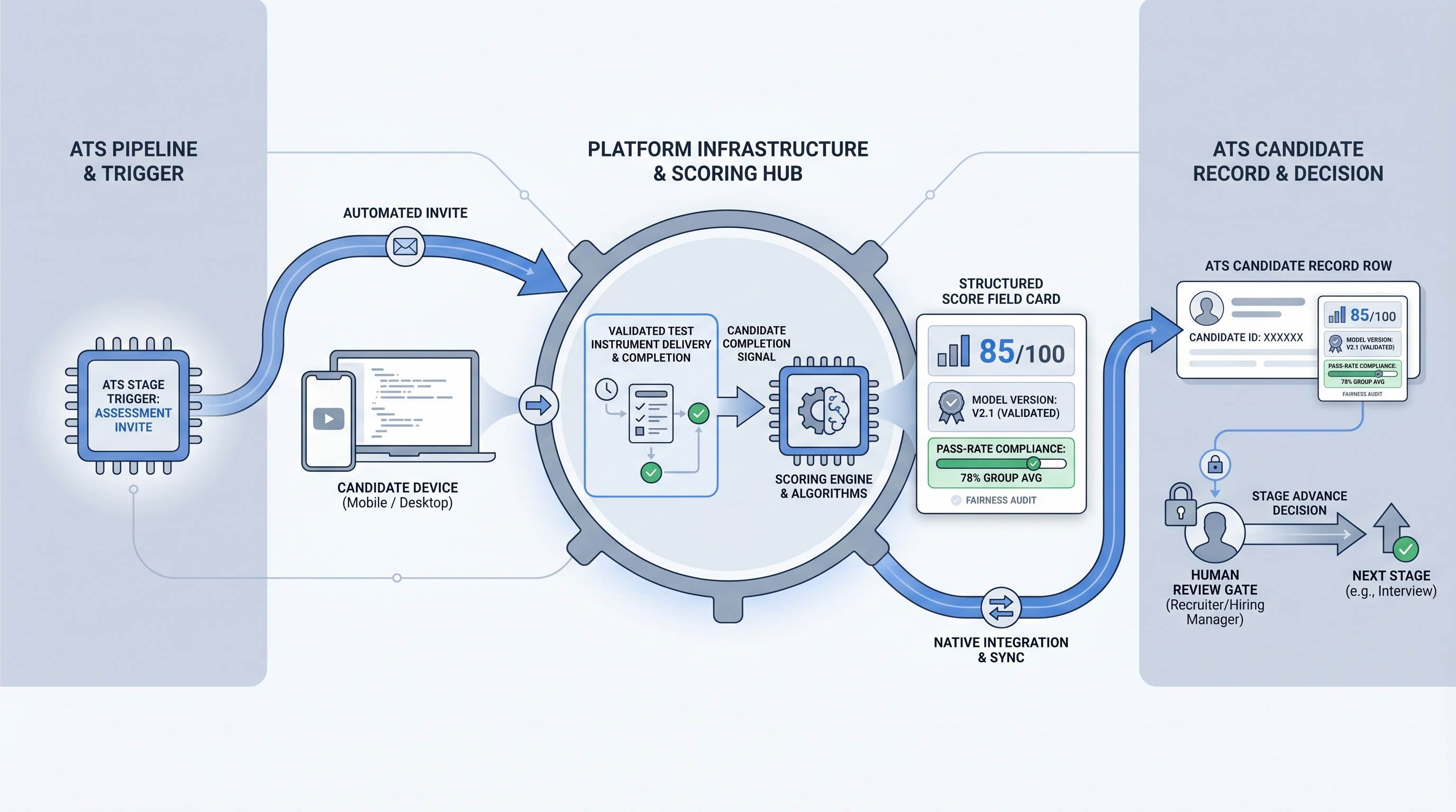 Illustration: pre-hire assessment tools showing an ATS stage trigger firing an automated invite to a candidate device, a platform scoring hub returning a structured score field with a model version badge and compliance bar, and the score syncing through a native integration into the ATS candidate record with a human review gate before stage advance