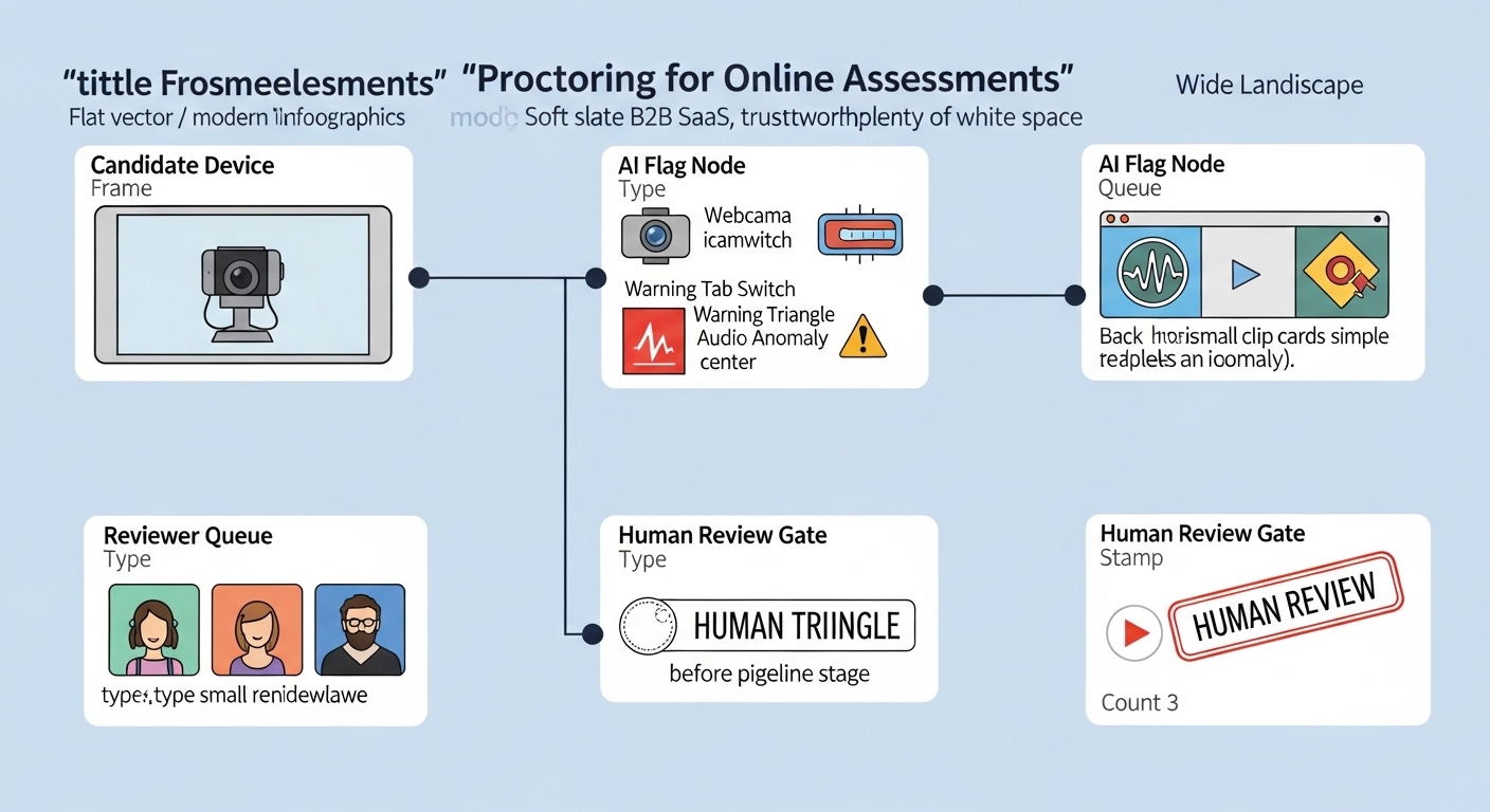 Illustration: online assessment proctoring showing webcam capture feeding a flag review queue with a human reviewer gate before any proctoring outcome affects the candidate hiring stage