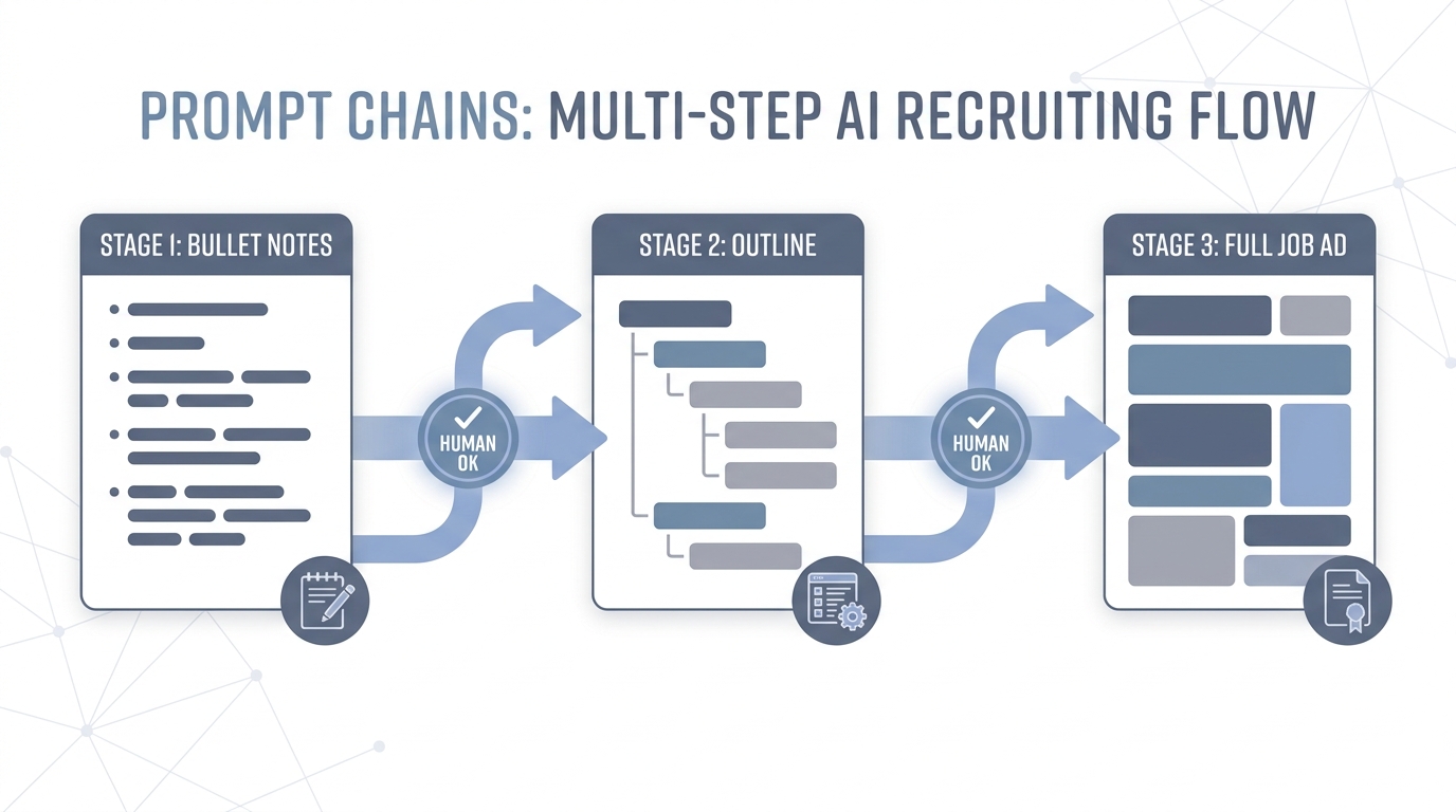 Illustration: A prompt chain moving from notes to outline to final job copy with human checkpoints