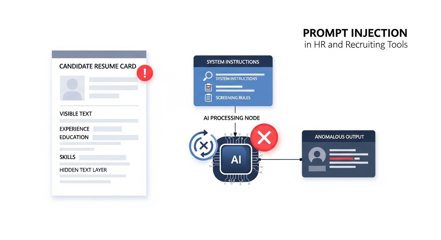 Illustration: prompt injection in HR tools showing a candidate resume containing hidden instructions that override an AI screener's rules, with a human review gate catching the anomalous output before it advances the candidate
