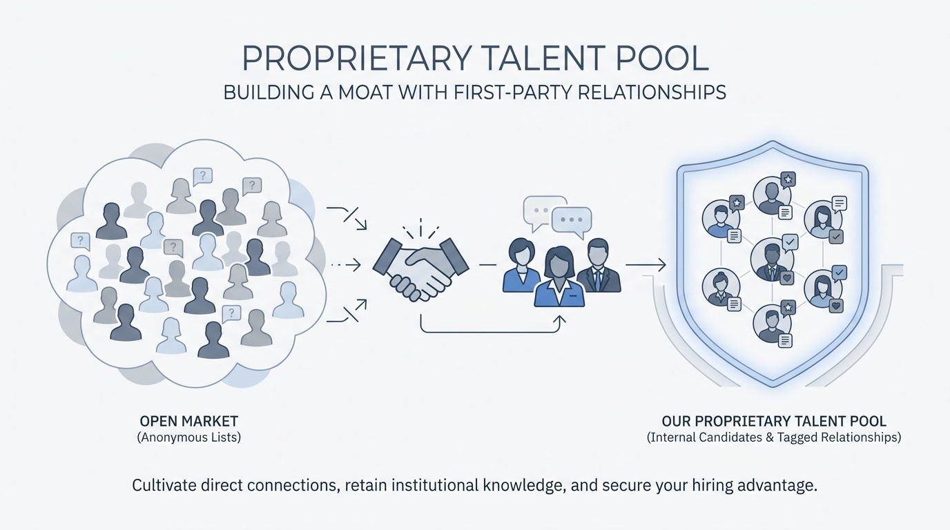 Illustration: First-party tagged candidates inside a protected pool versus anonymous open-market talent
