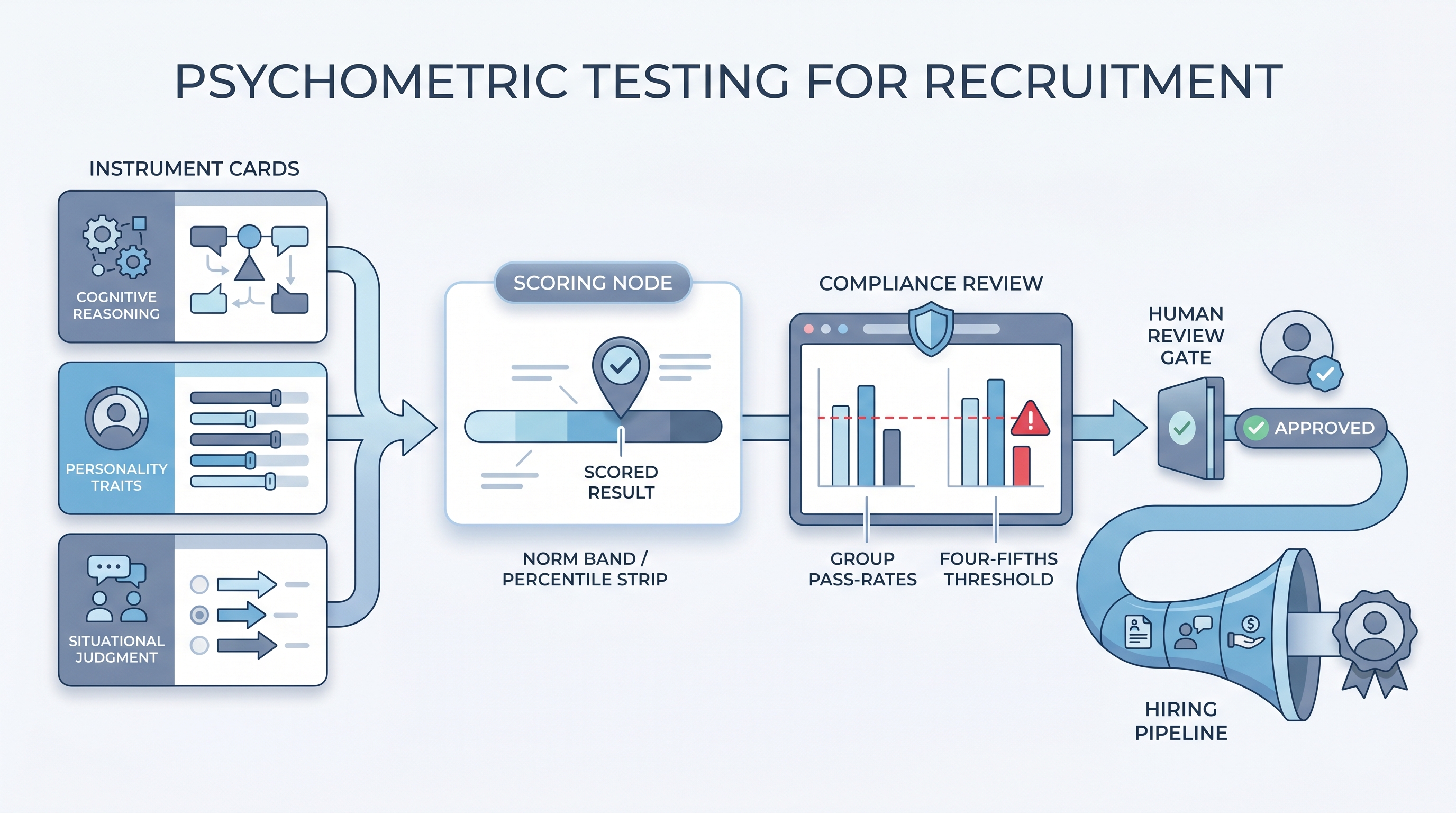 Illustration: psychometric testing for recruitment showing cognitive, personality, and situational judgment instruments scored against norm bands, with group pass-rate compliance monitoring and a human review gate before the hiring pipeline